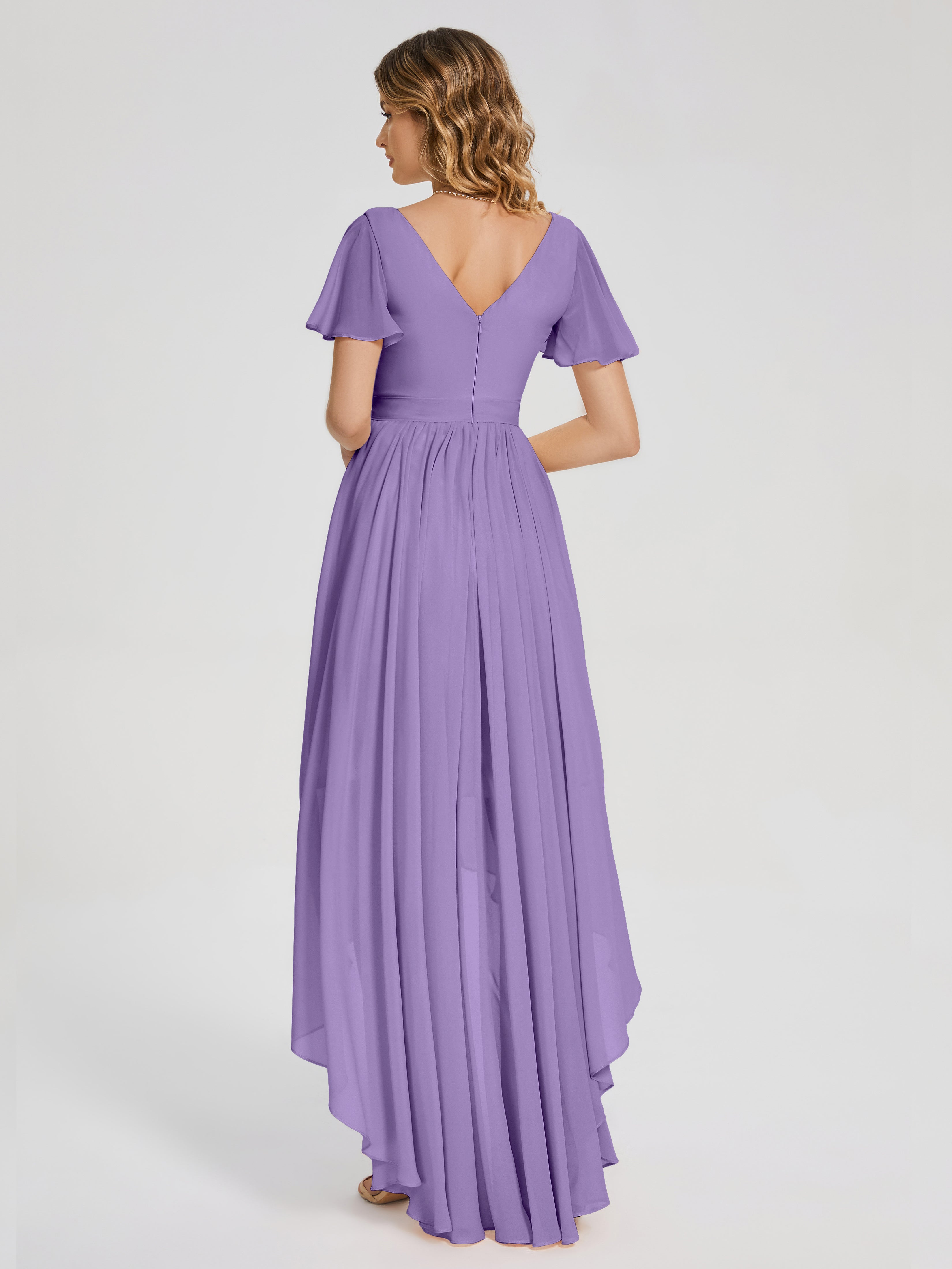 Evangeline High Low Short Sleeves Chiffon Bridesmaid Dress