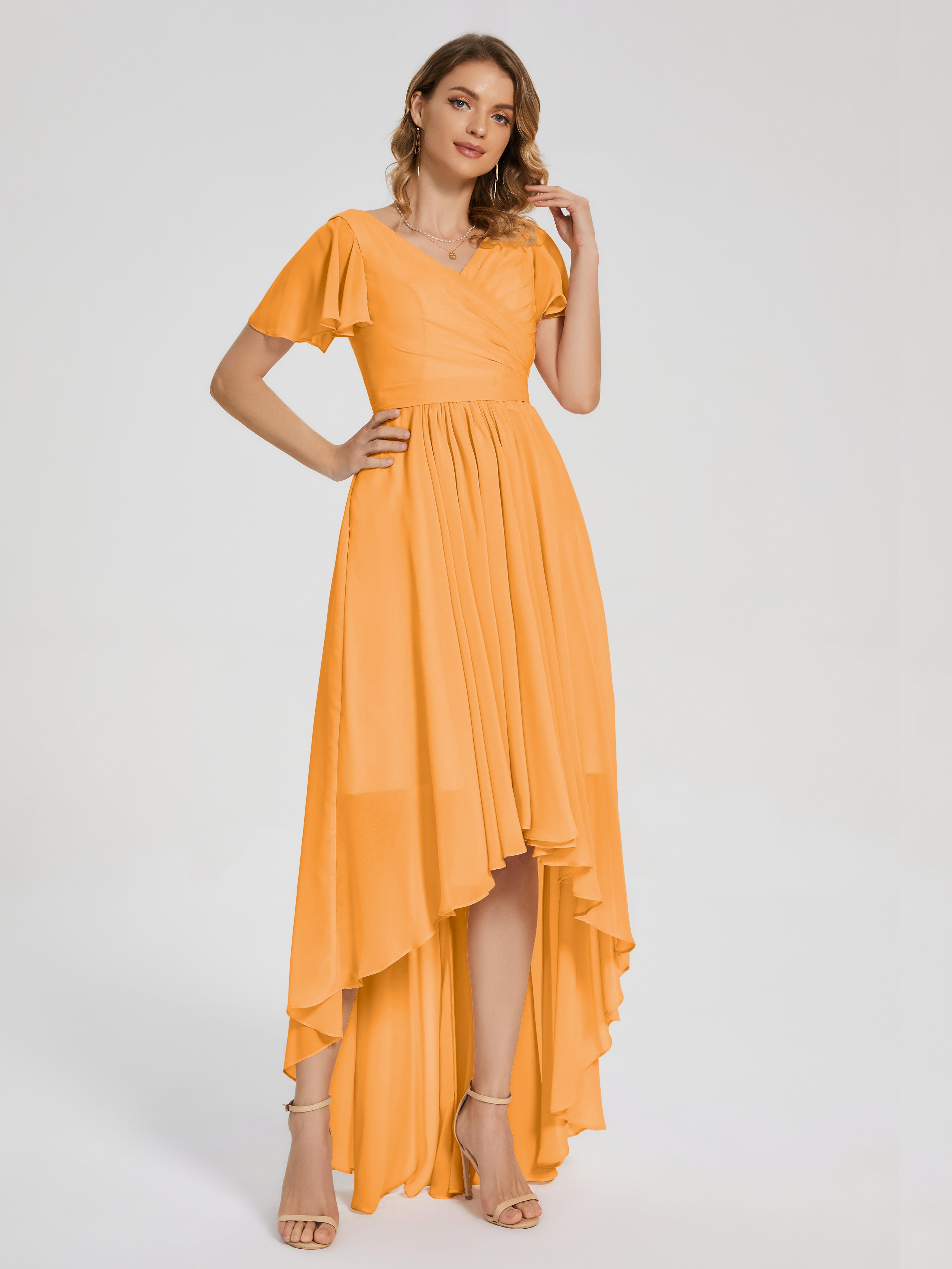 Evangeline High Low Short Sleeves Chiffon Bridesmaid Dress