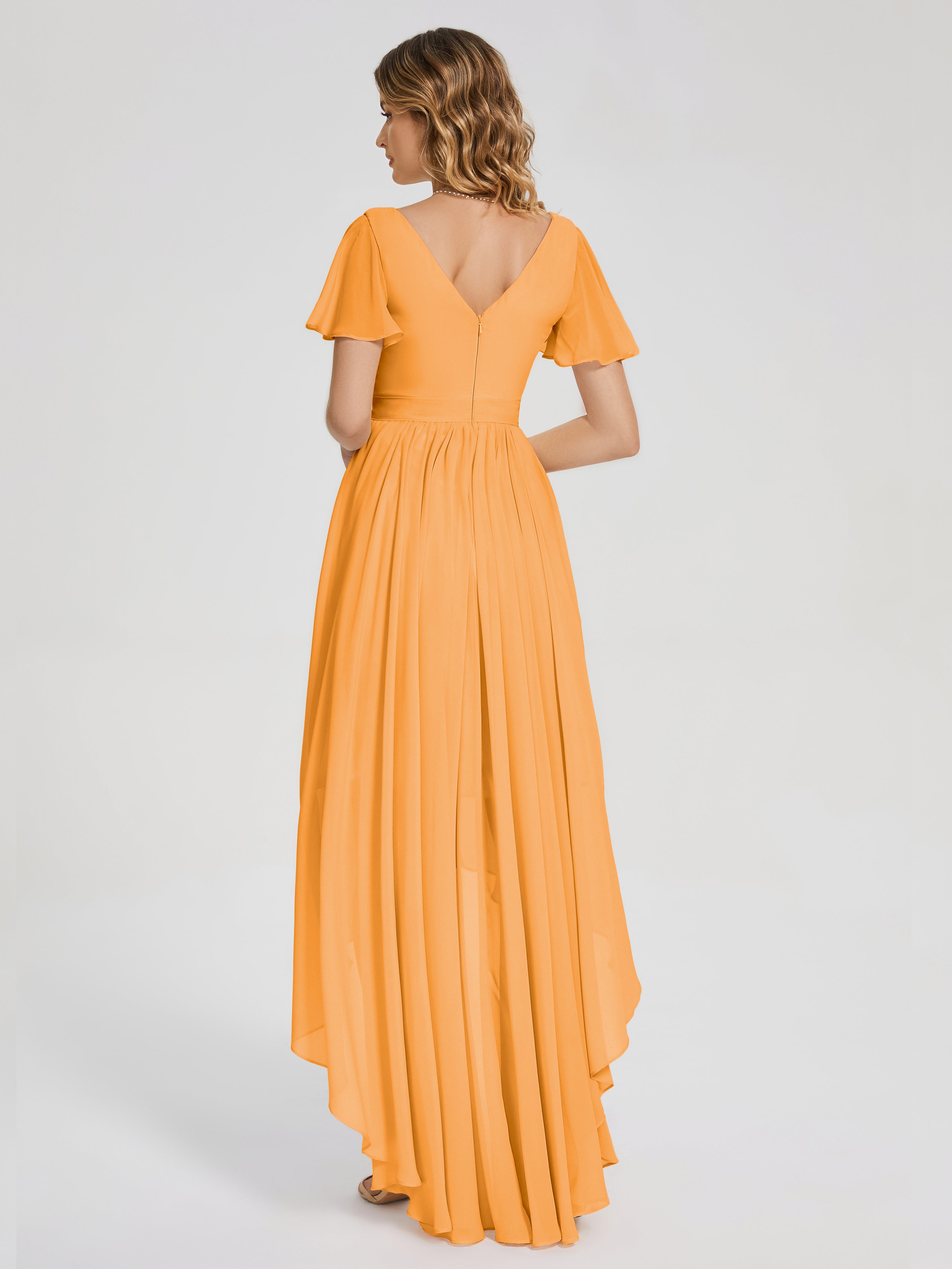 Evangeline High Low Short Sleeves Chiffon Bridesmaid Dress