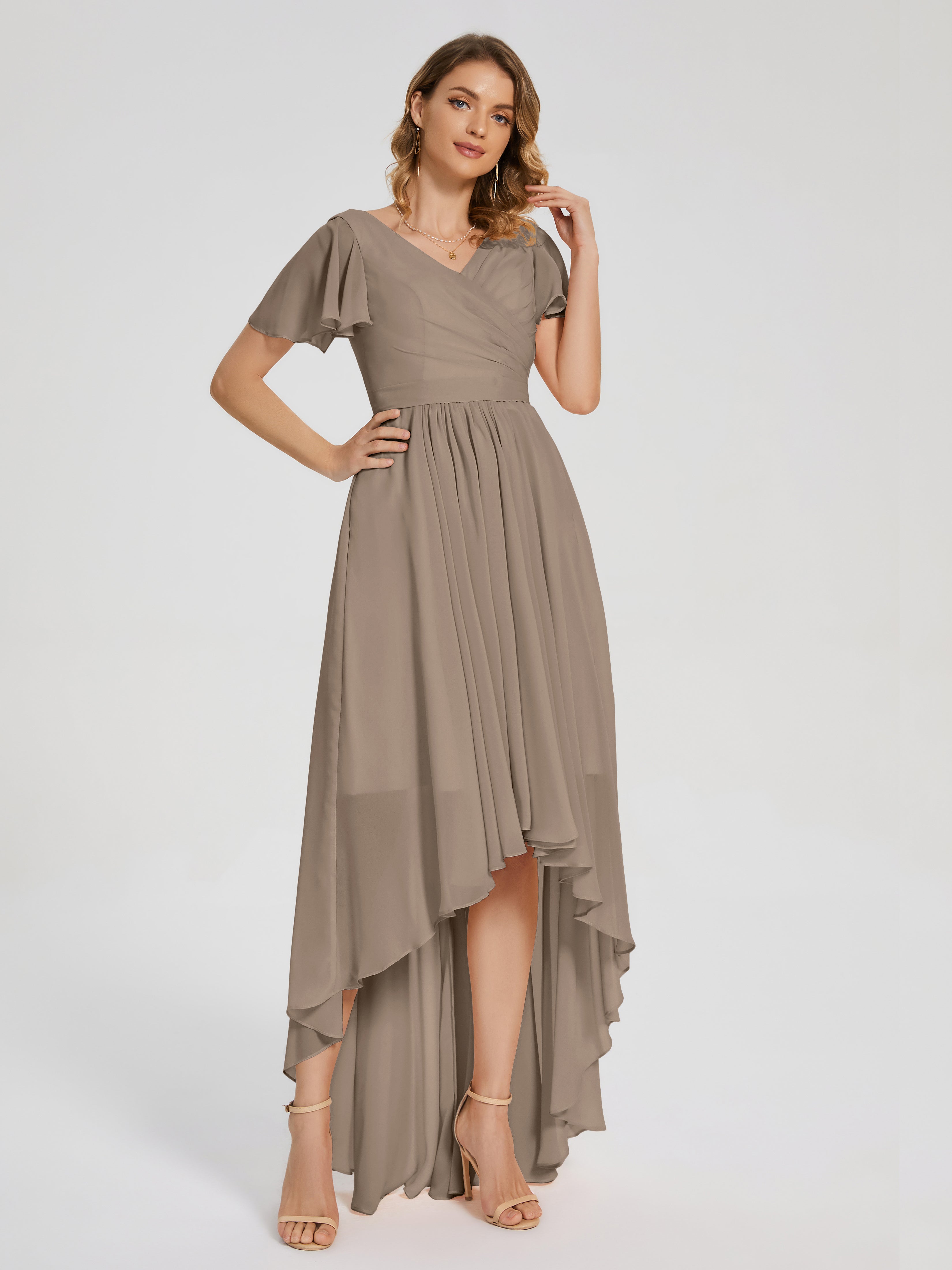 Evangeline High Low Short Sleeves Chiffon Bridesmaid Dress