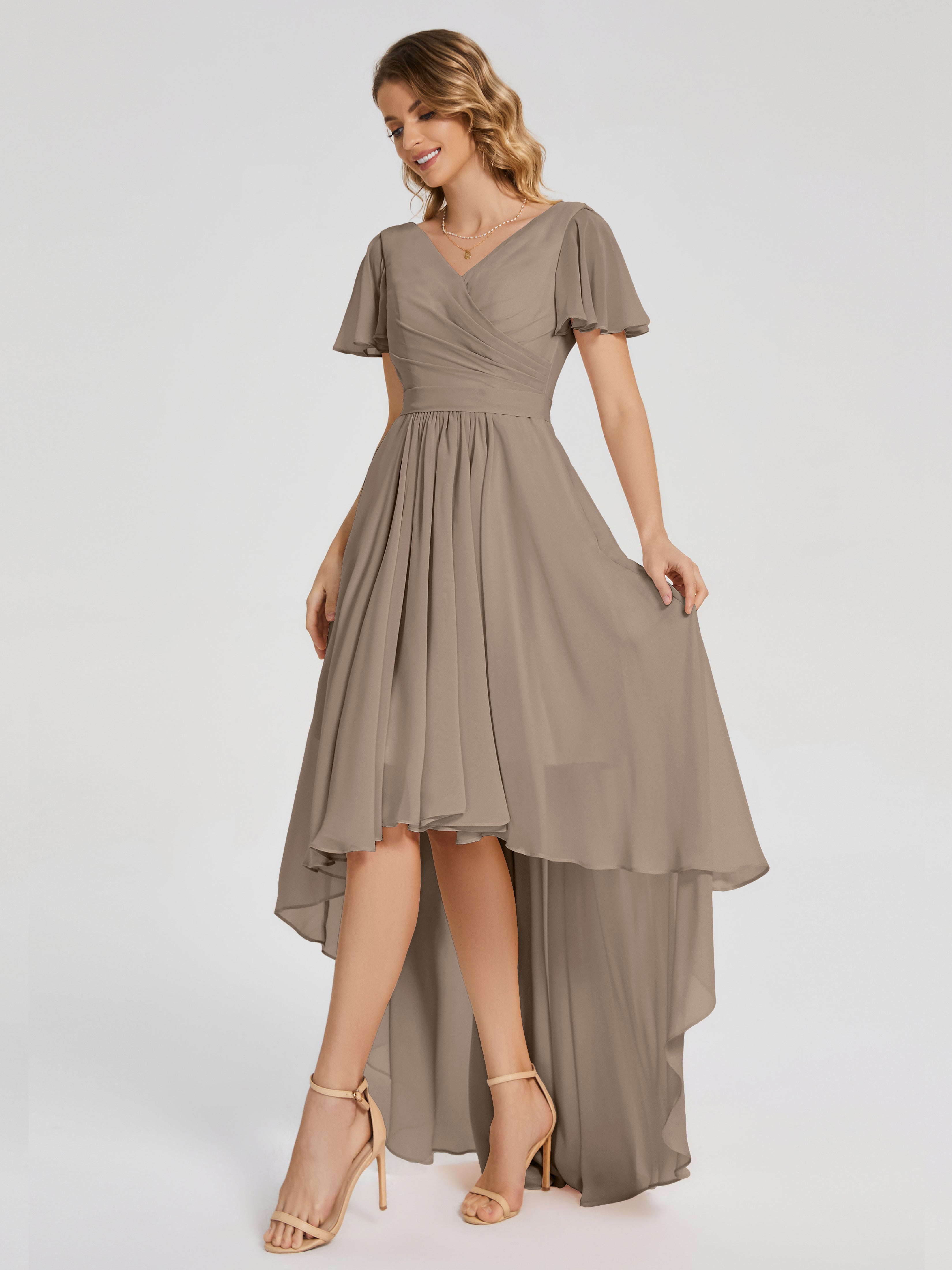 Evangeline High Low Short Sleeves Chiffon Bridesmaid Dress