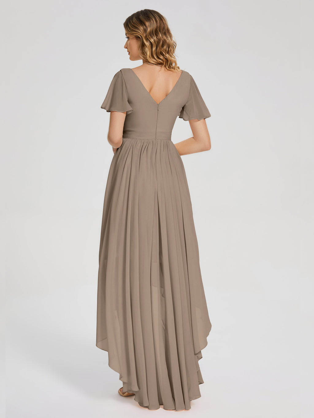 Evangeline High Low Short Sleeves Chiffon Bridesmaid Dress