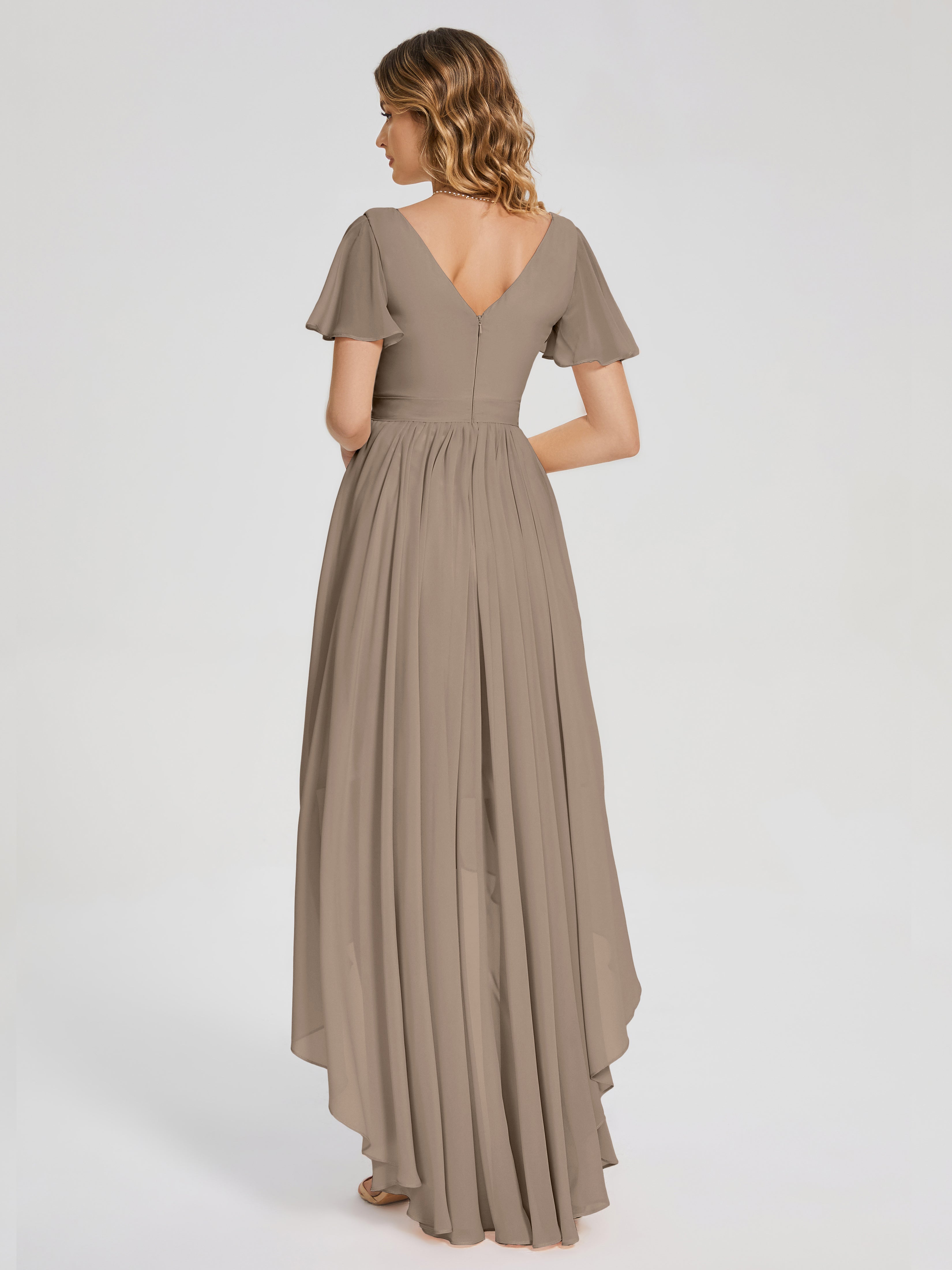 Evangeline High Low Short Sleeves Chiffon Bridesmaid Dress