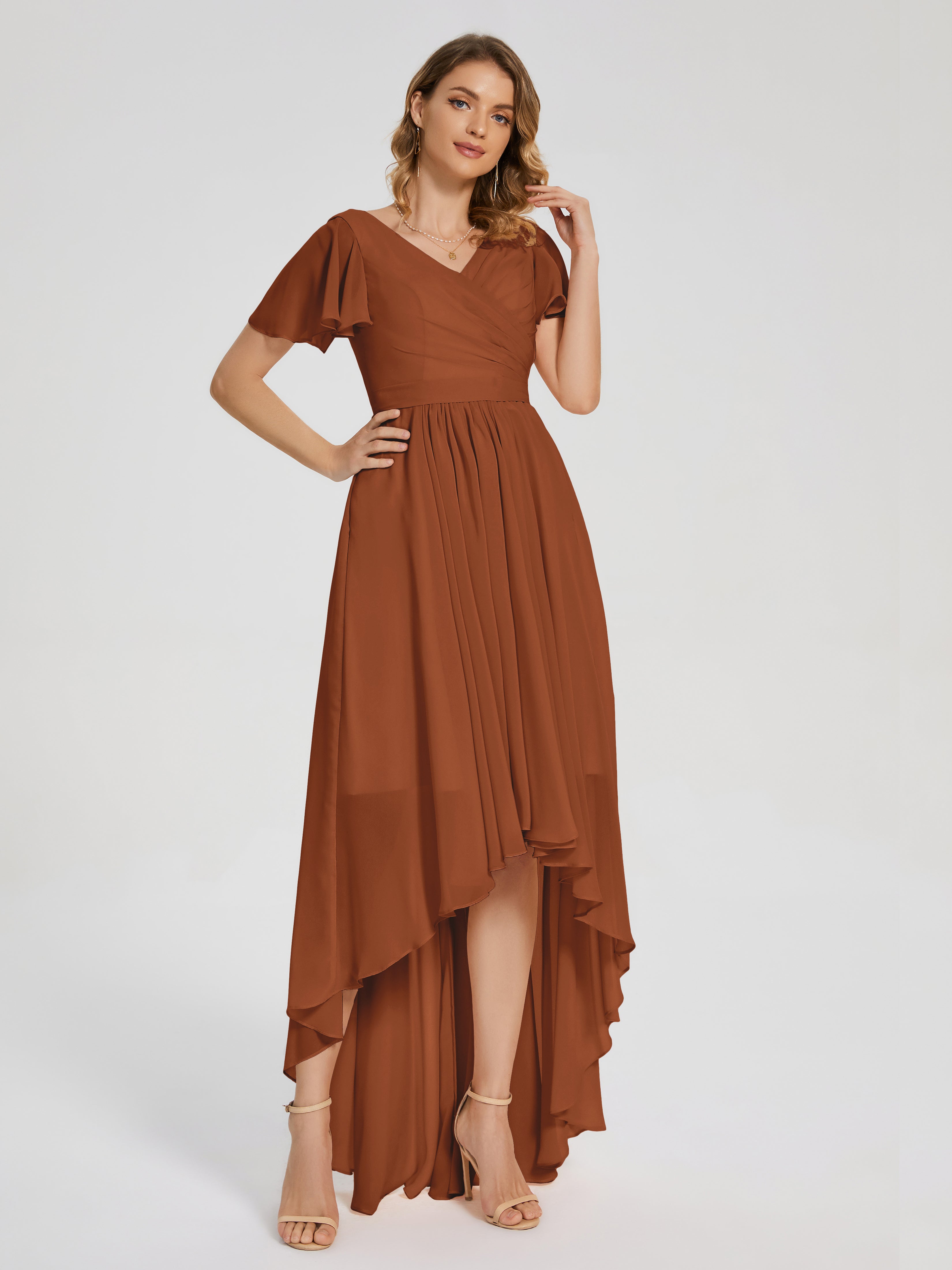 Evangeline High Low Short Sleeves Chiffon Bridesmaid Dress