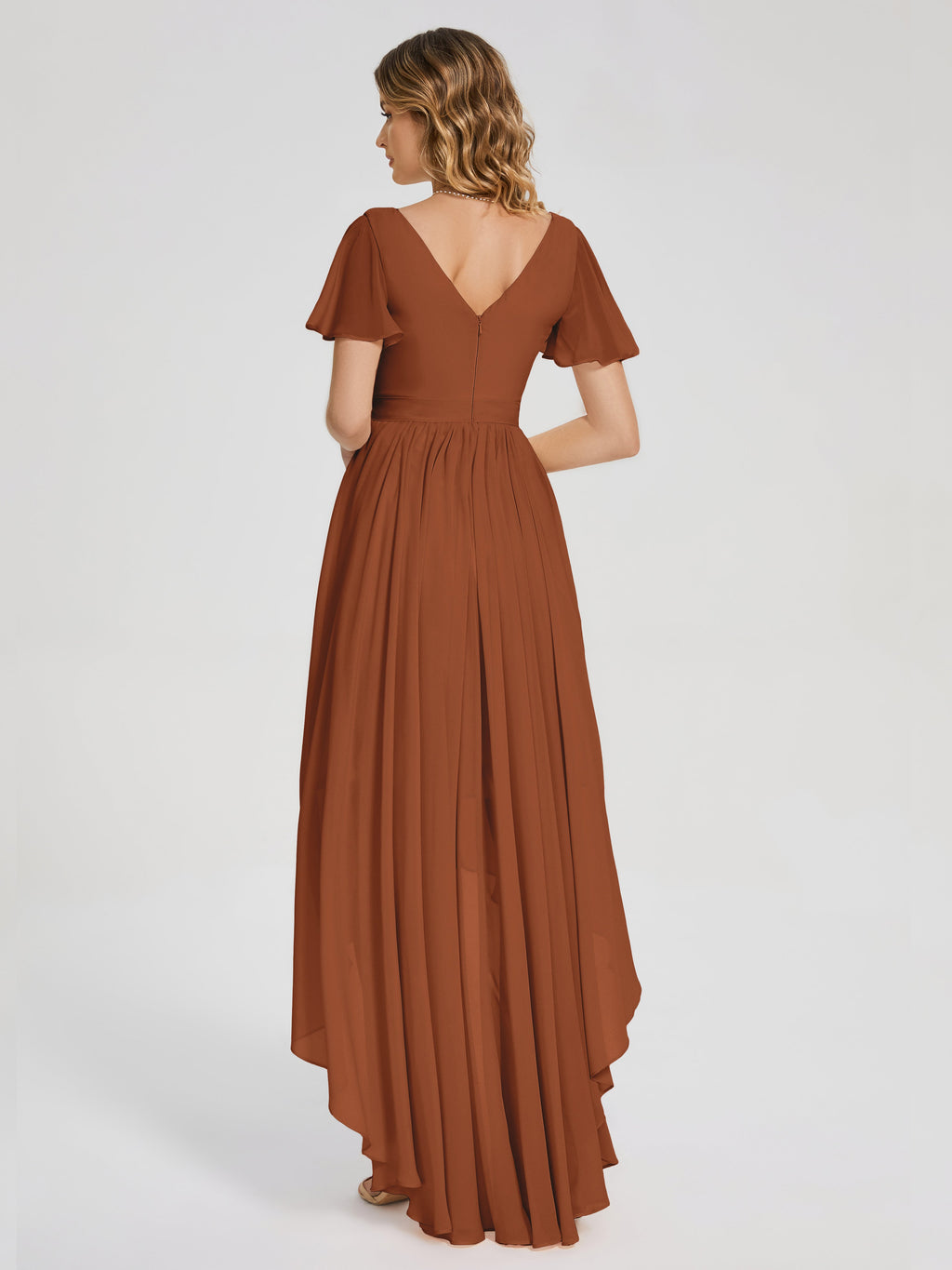 Evangeline High Low Short Sleeves Chiffon Bridesmaid Dress