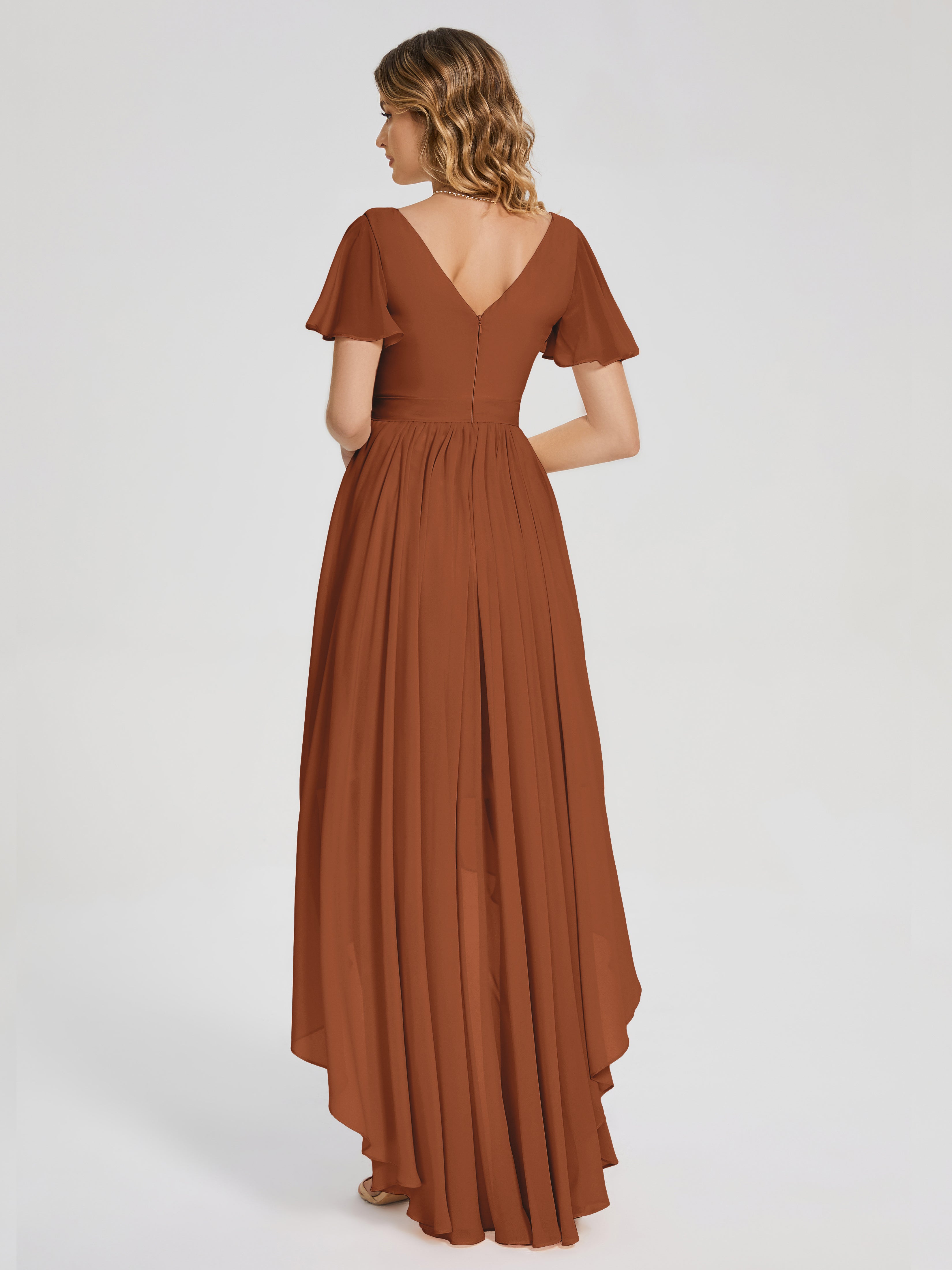 Evangeline High Low Short Sleeves Chiffon Bridesmaid Dress