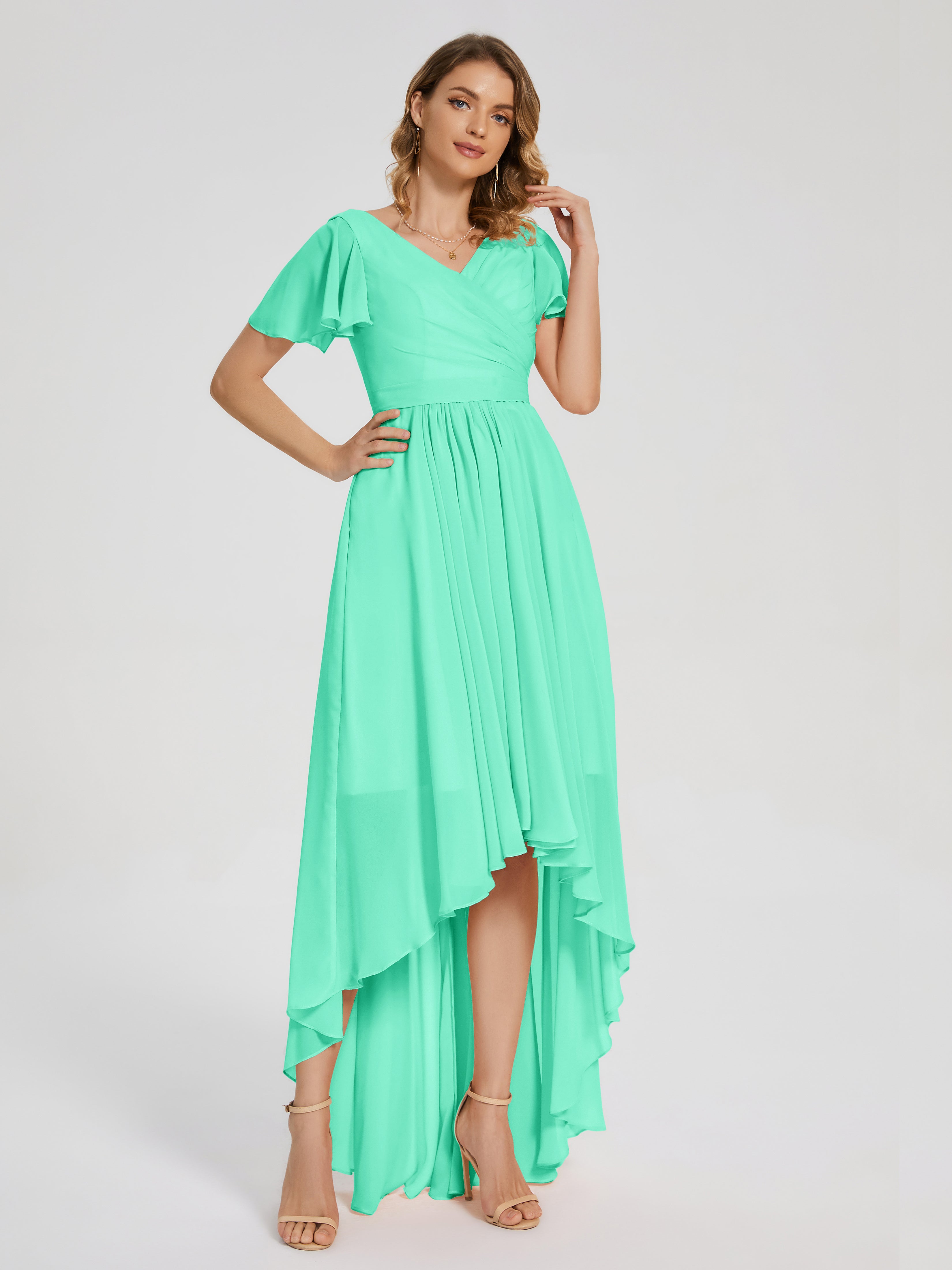Evangeline High Low Short Sleeves Chiffon Bridesmaid Dress