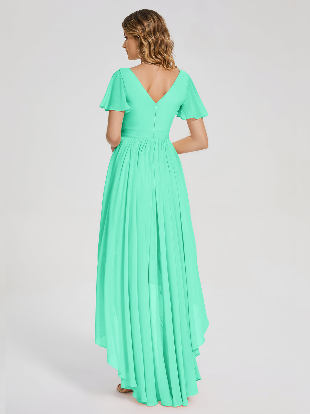 Evangeline High Low Short Sleeves Chiffon Bridesmaid Dress