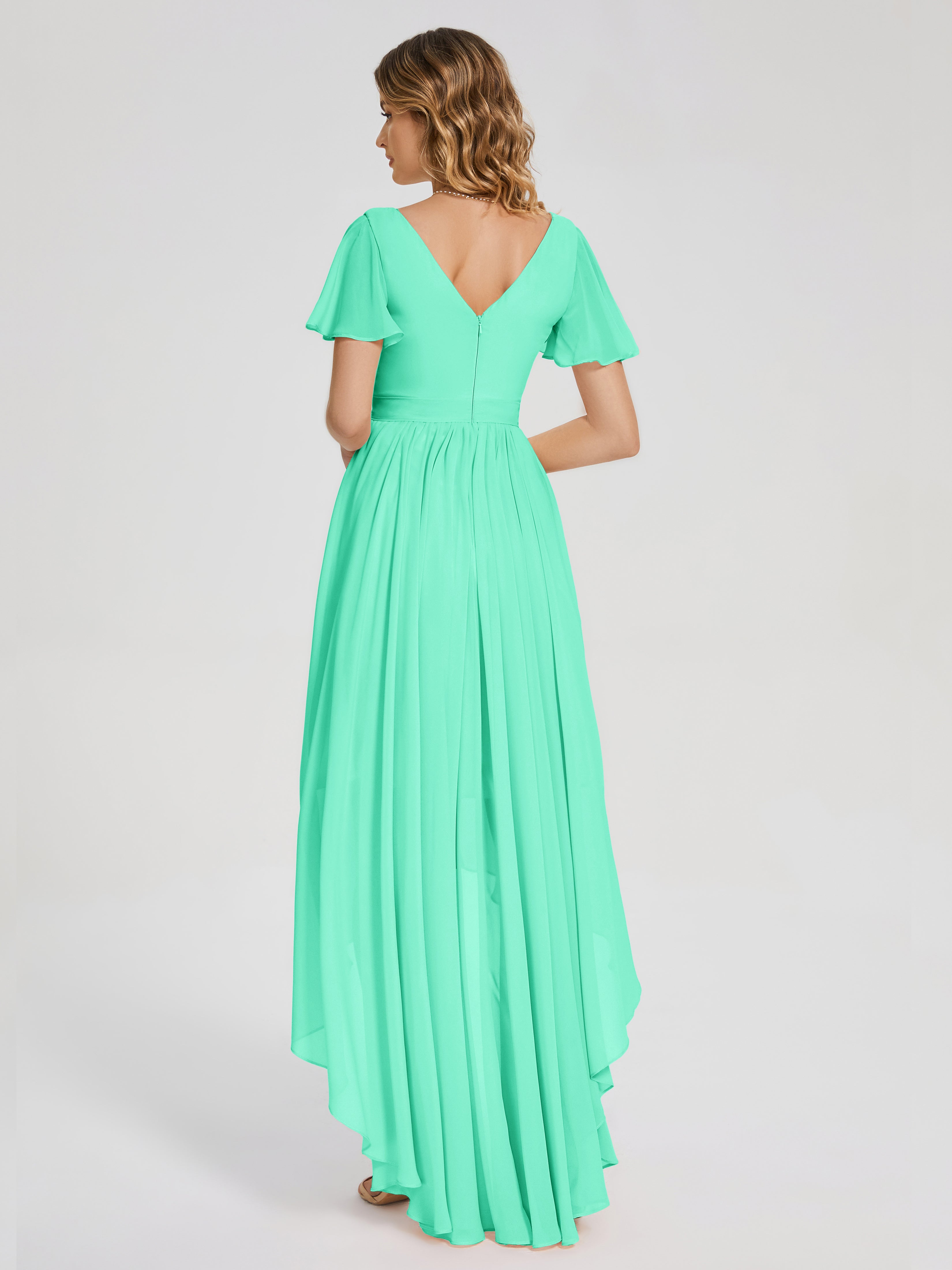Evangeline High Low Short Sleeves Chiffon Bridesmaid Dress
