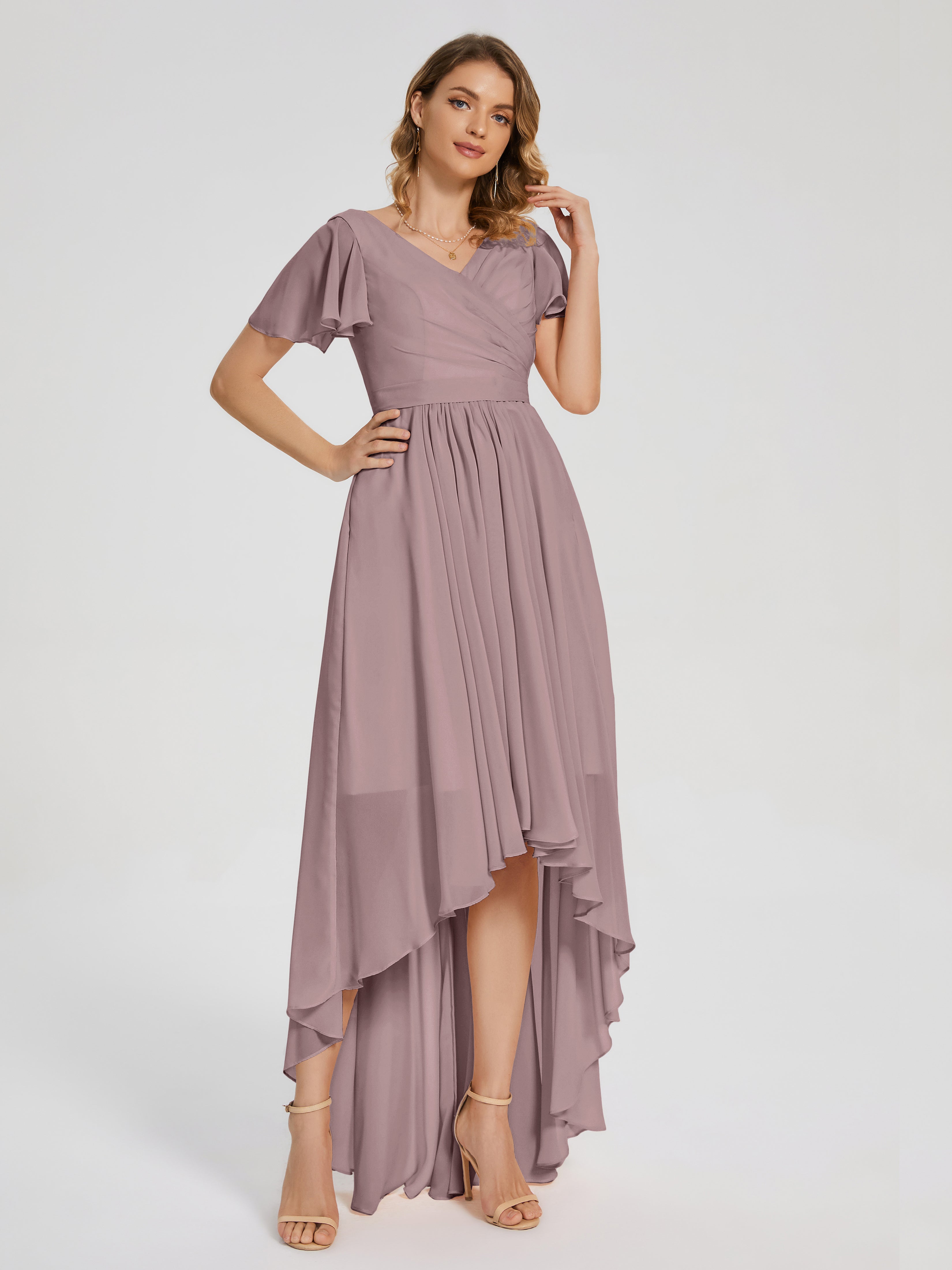 Evangeline High Low Short Sleeves Chiffon Bridesmaid Dress