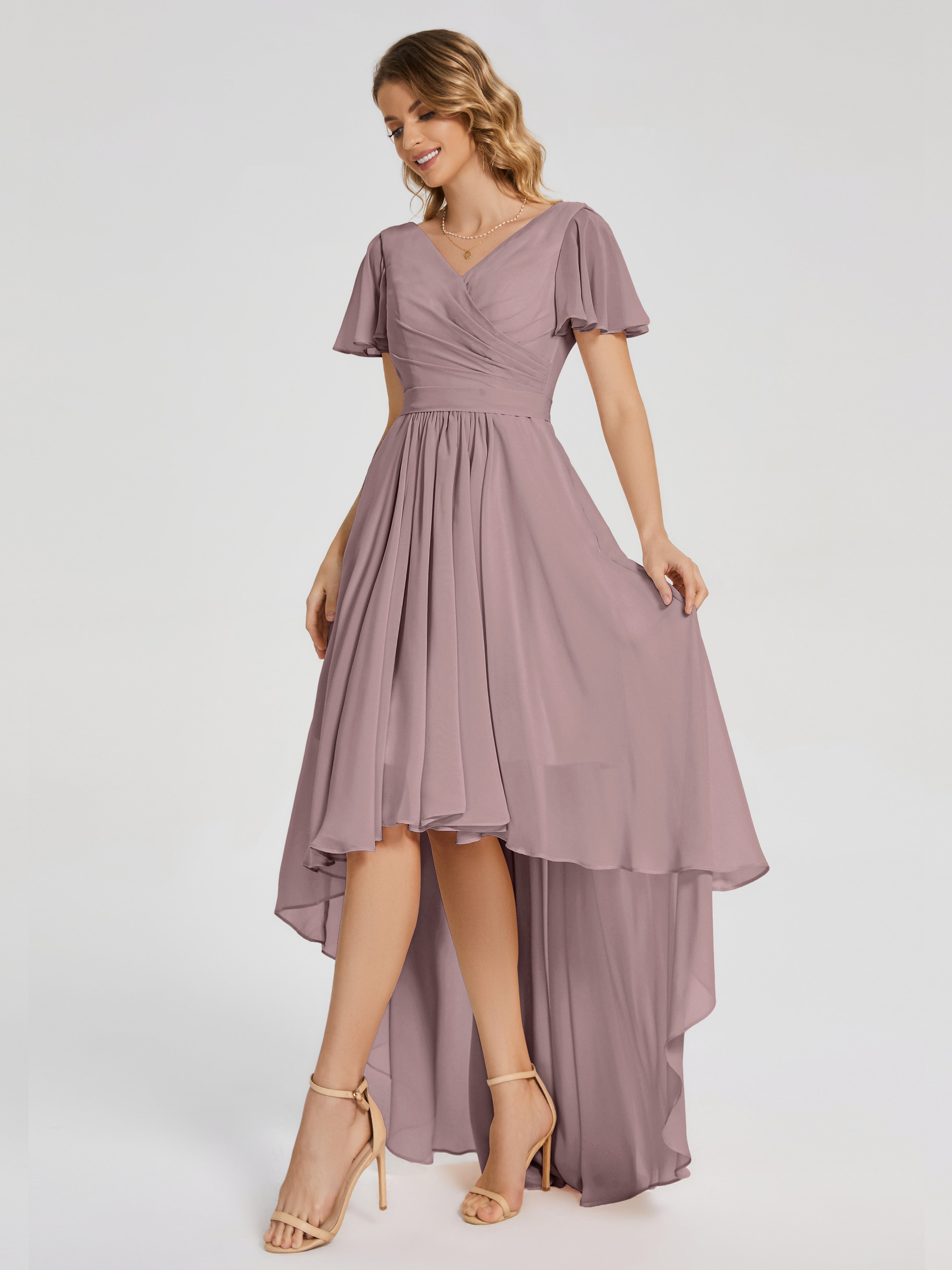 Evangeline High Low Short Sleeves Chiffon Bridesmaid Dress
