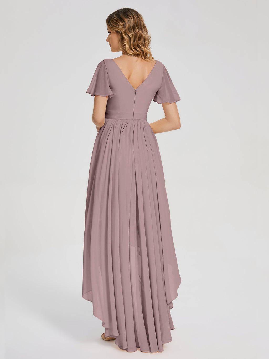 Evangeline High Low Short Sleeves Chiffon Bridesmaid Dress