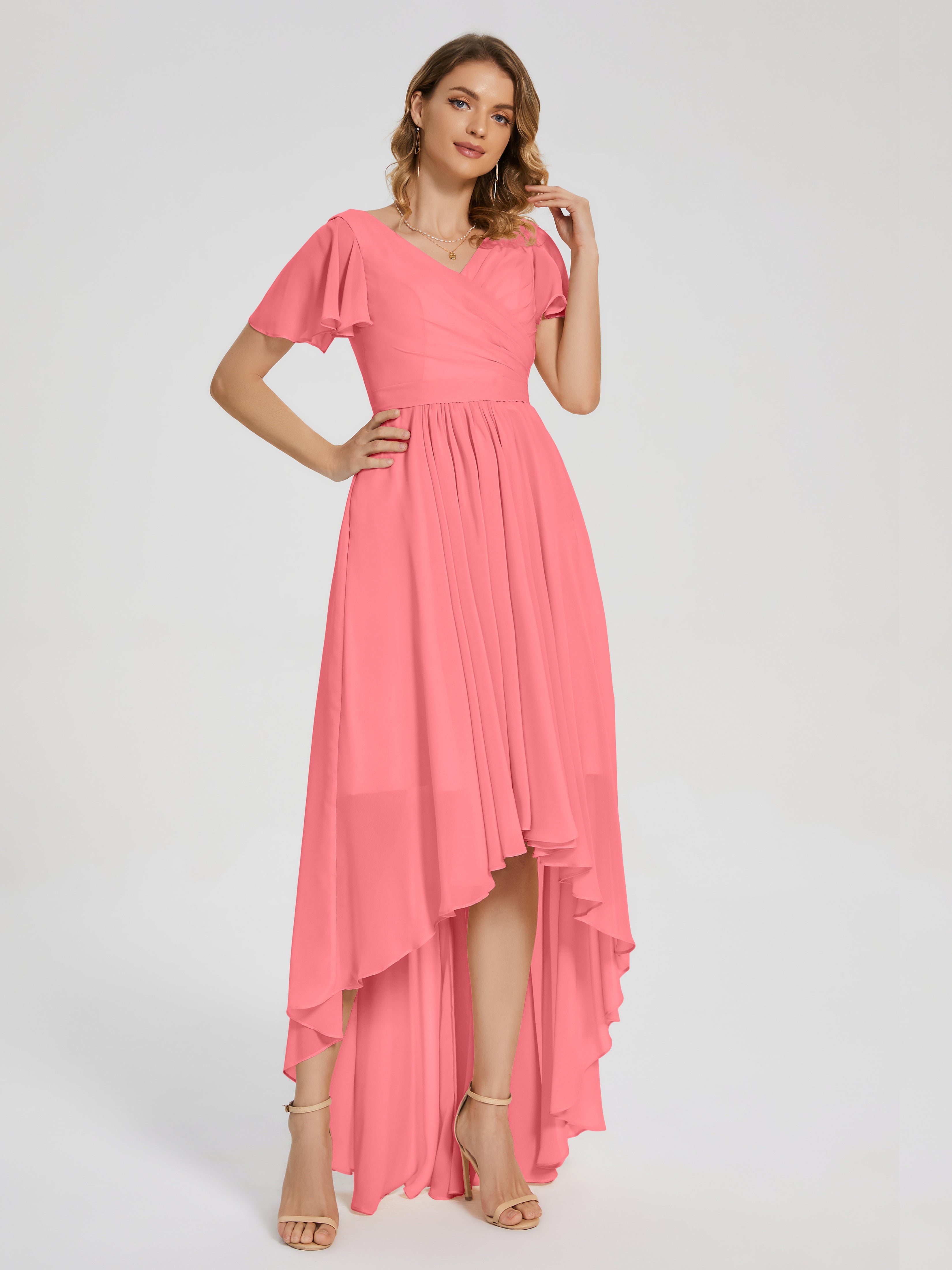 Evangeline High Low Short Sleeves Chiffon Bridesmaid Dress