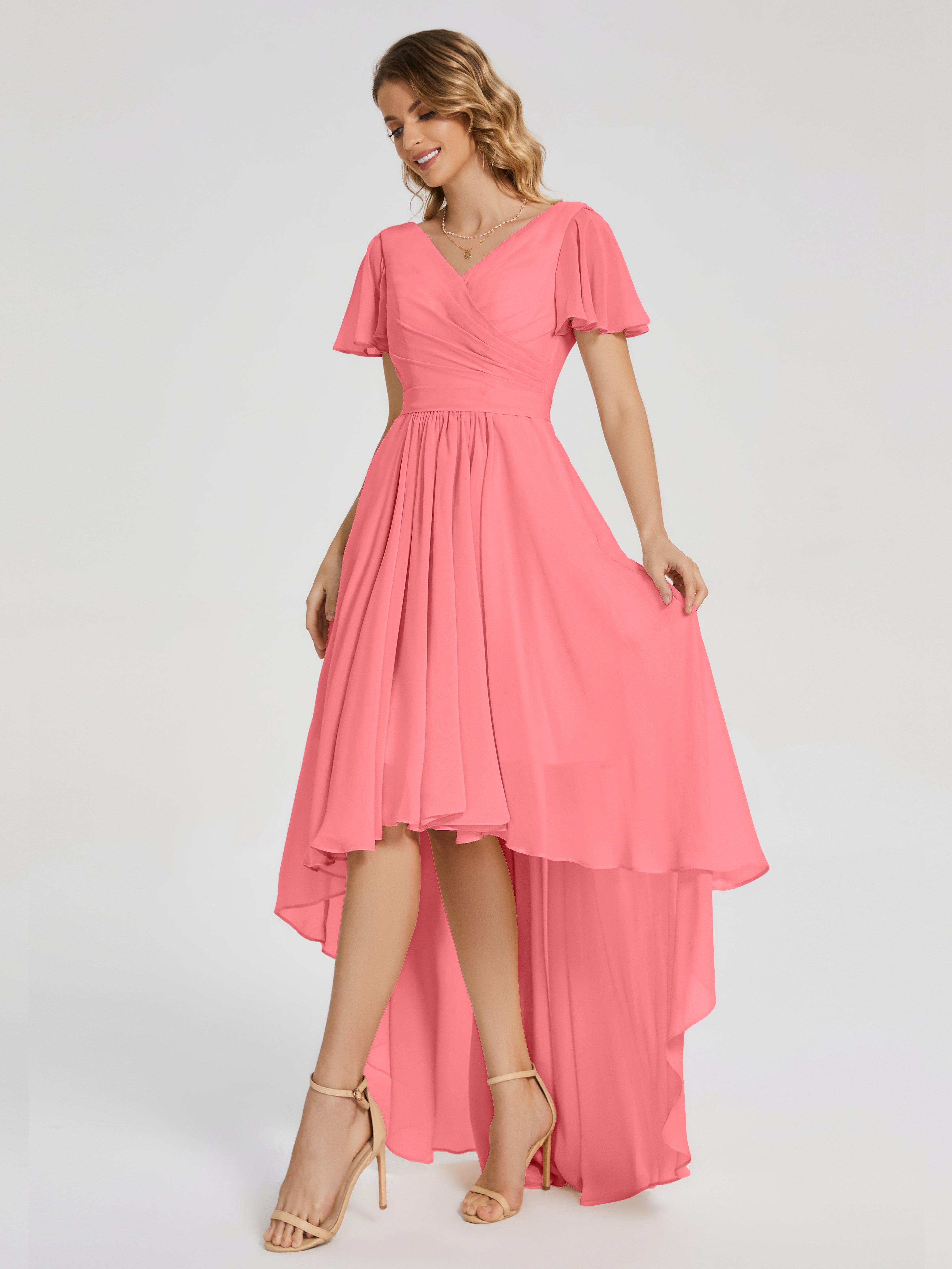 Evangeline High Low Short Sleeves Chiffon Bridesmaid Dress
