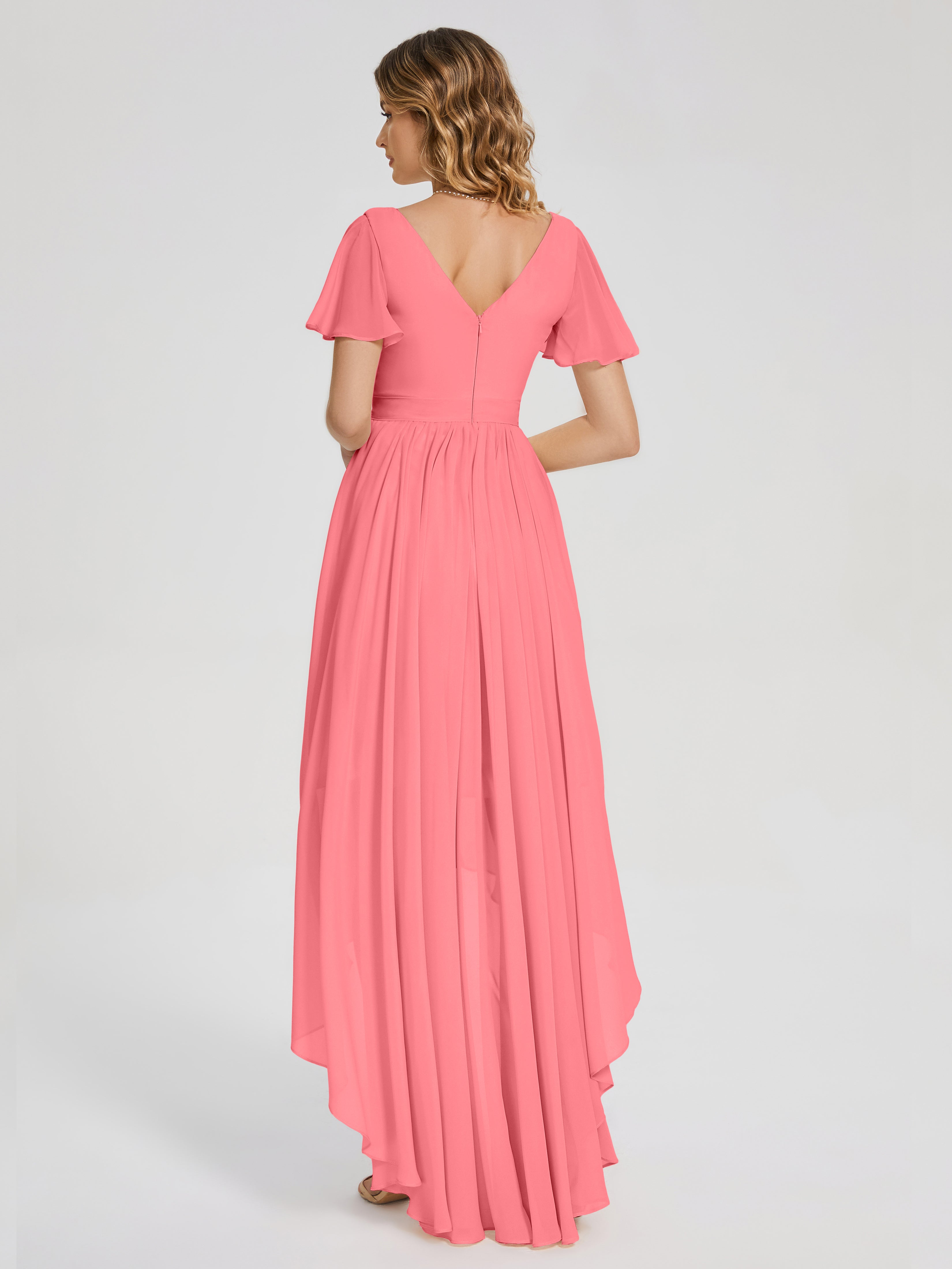 Evangeline High Low Short Sleeves Chiffon Bridesmaid Dress