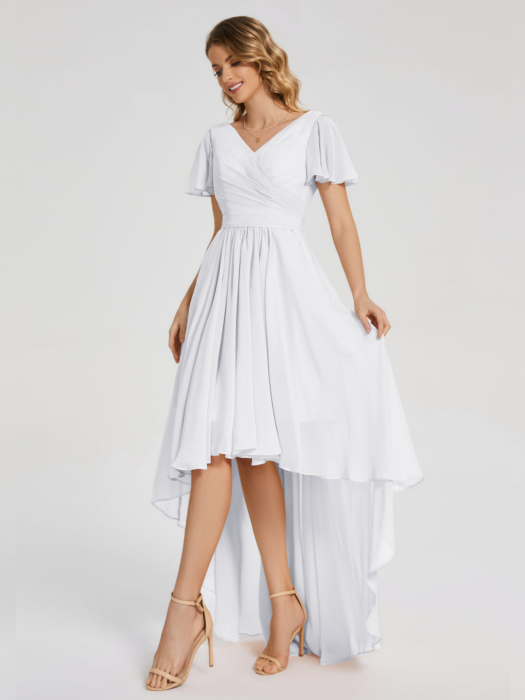 Evangeline High Low Short Sleeves Chiffon Bridesmaid Dress