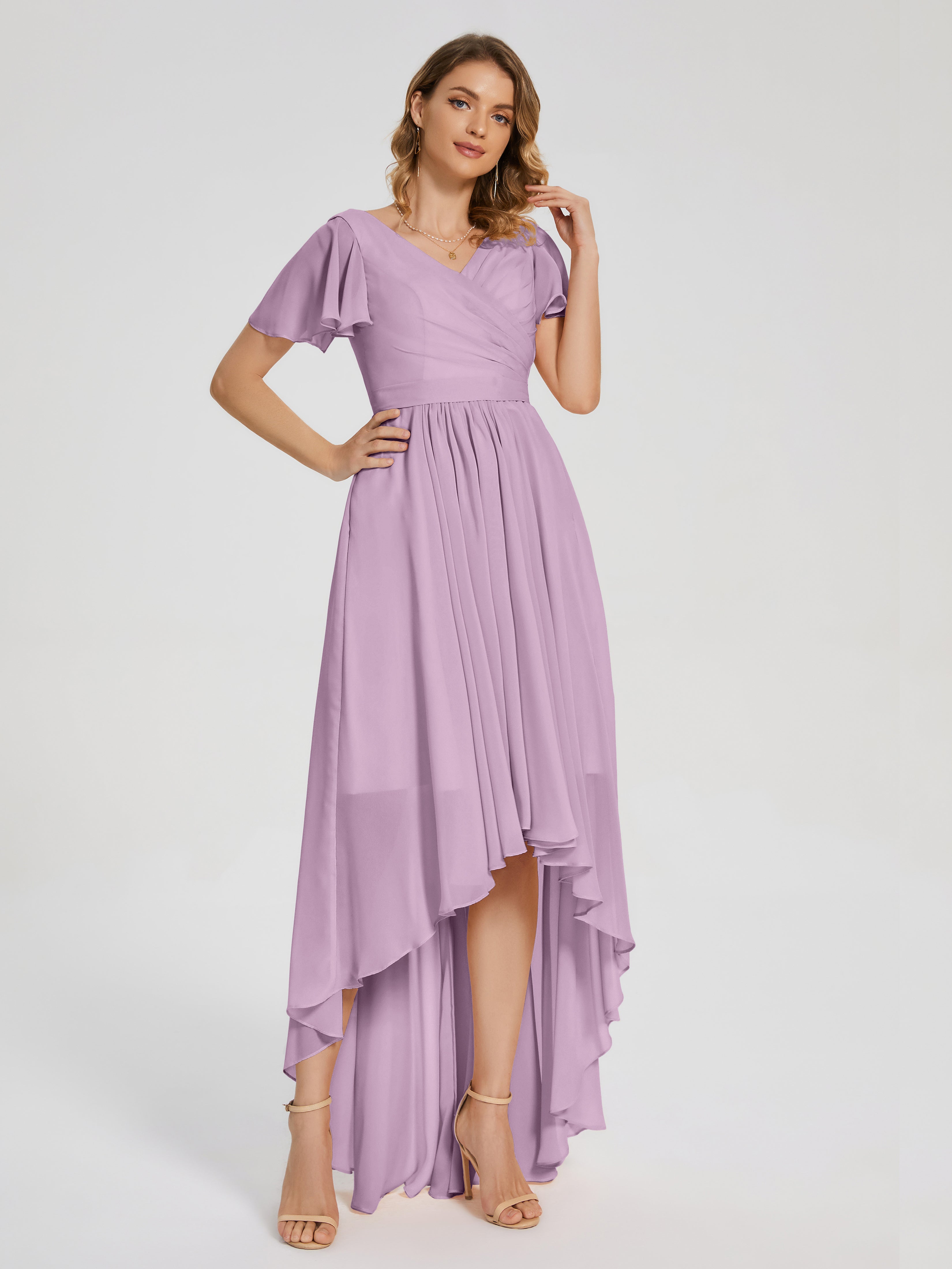 Evangeline High Low Short Sleeves Chiffon Bridesmaid Dress