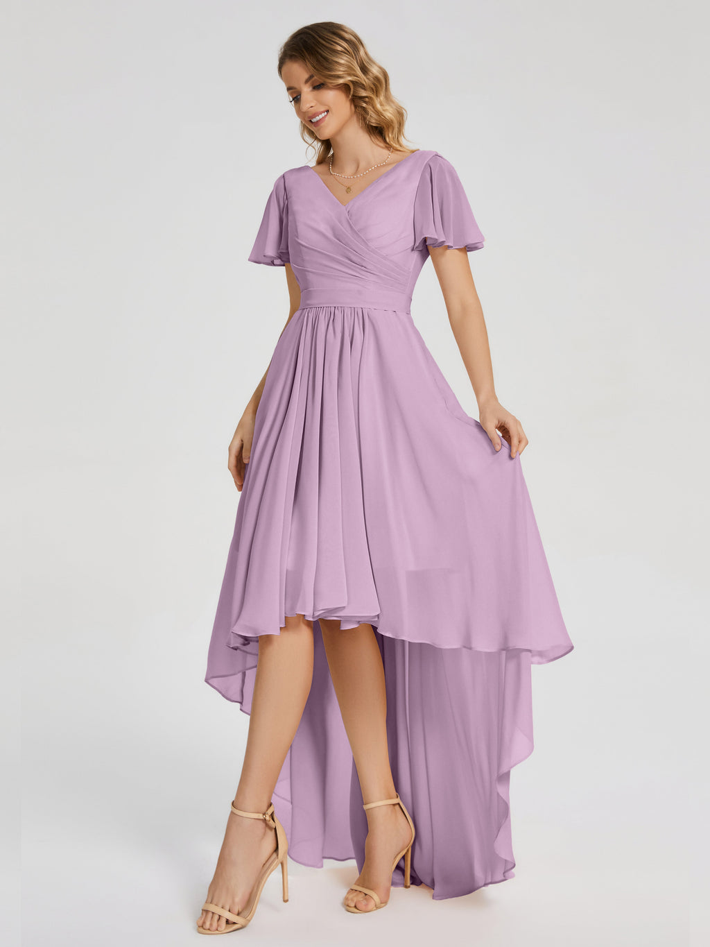 Evangeline High Low Short Sleeves Chiffon Bridesmaid Dress