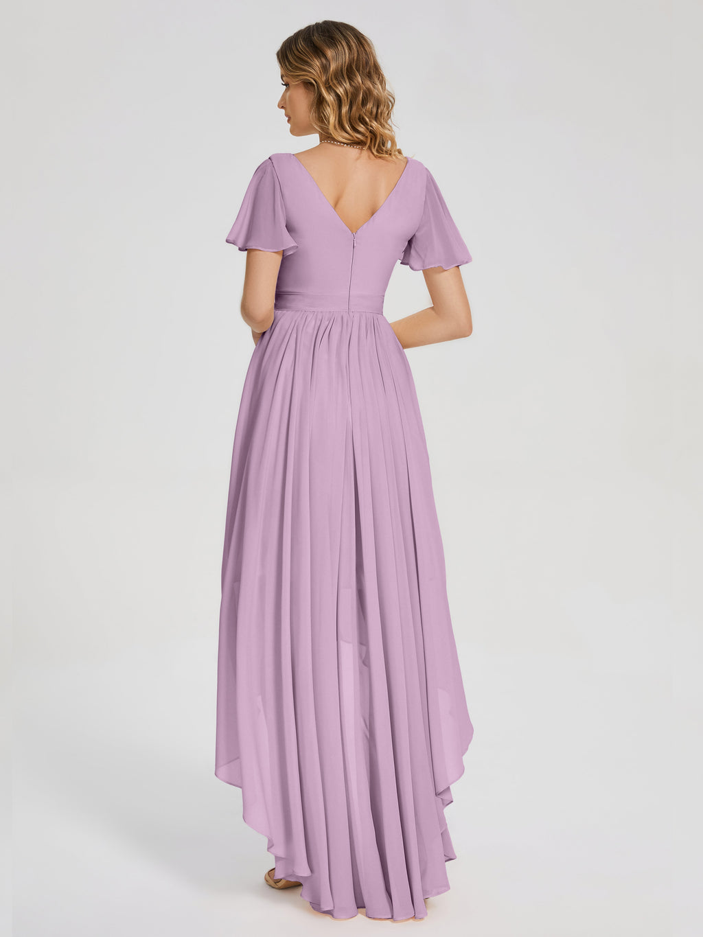 Evangeline High Low Short Sleeves Chiffon Bridesmaid Dress