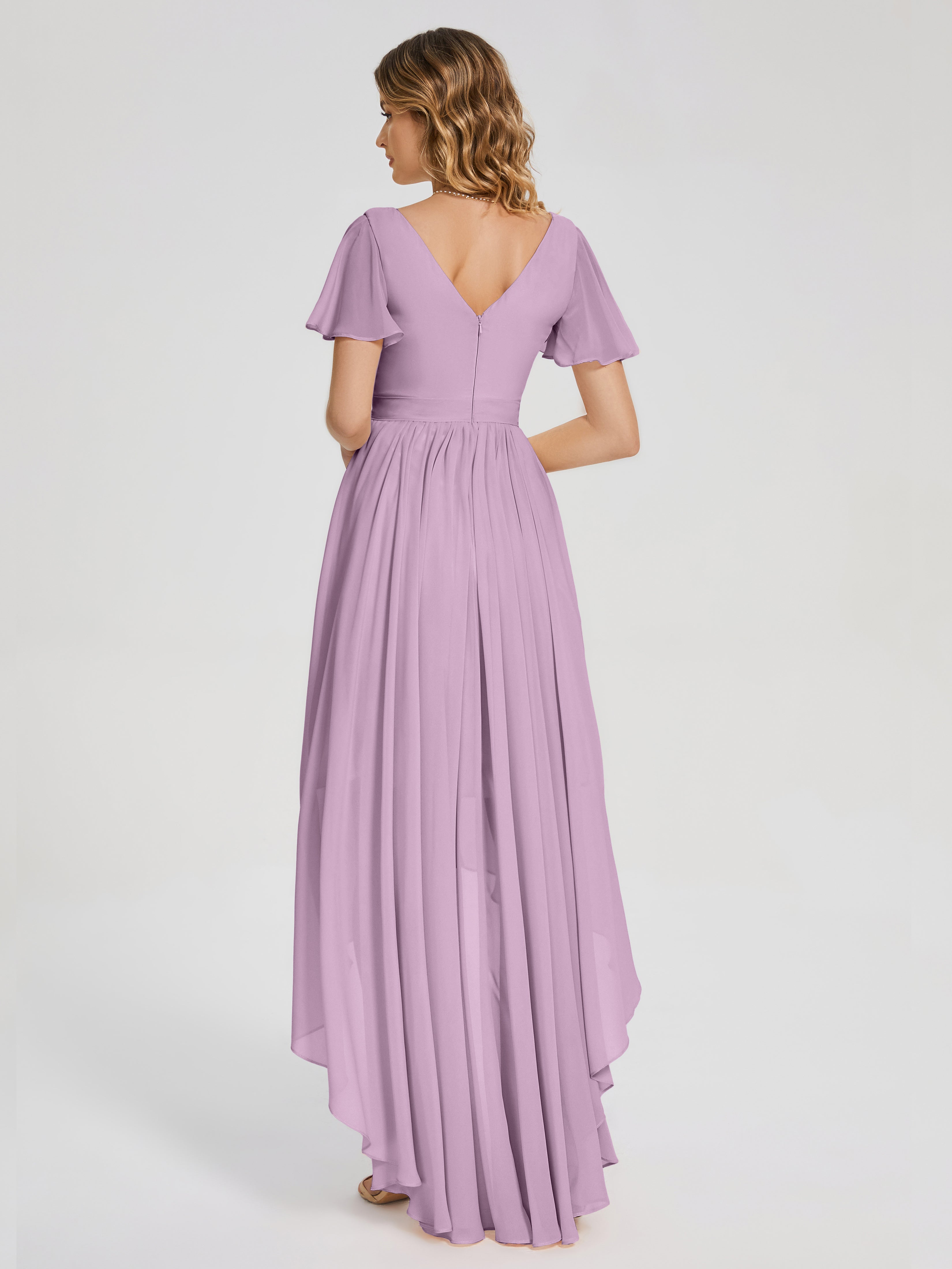 Evangeline High Low Short Sleeves Chiffon Bridesmaid Dress
