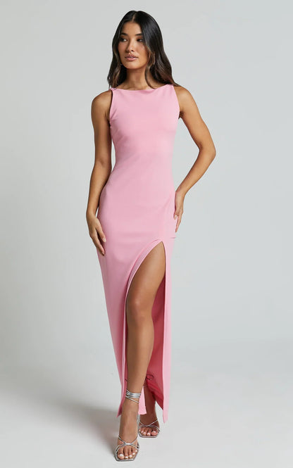 Indi Maxi Dress Boat Neck Bodycon Dress in Pink