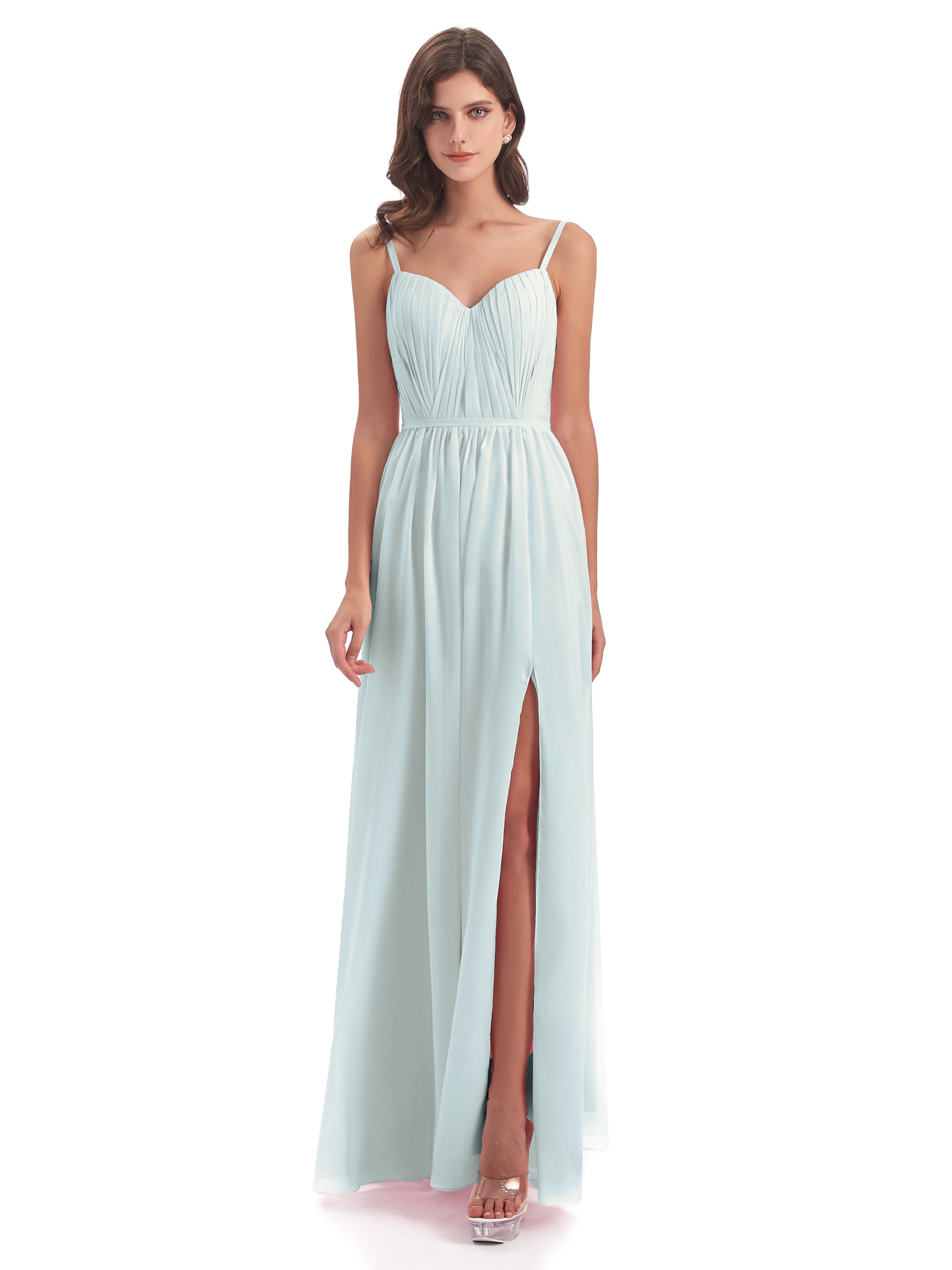Kiana Spaghetti Straps Open Back Split Chiffon Long Bridesmaid Dresses