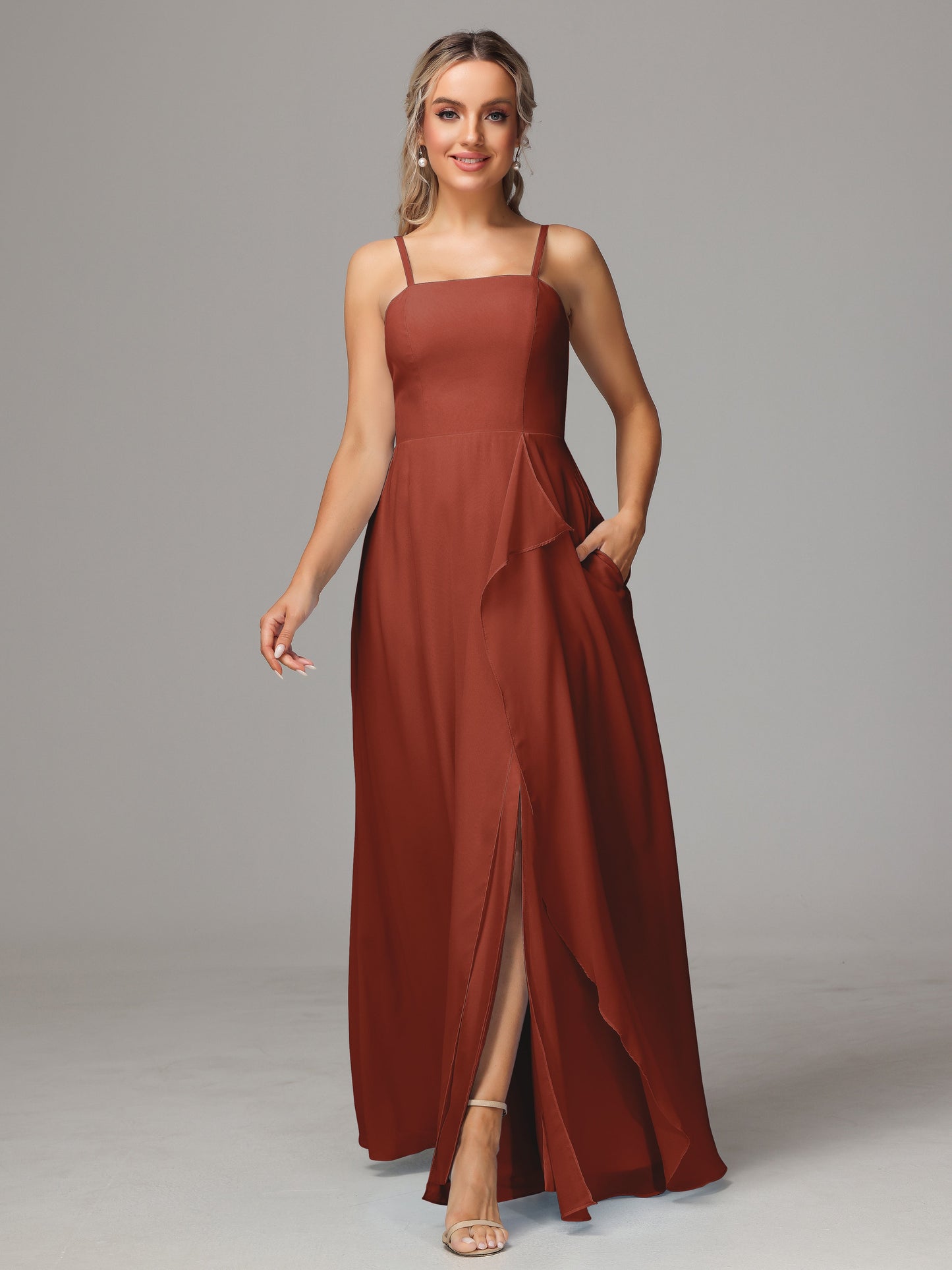 Spaghetti Straps Chiffon Bridesmaid Dress With Pockets