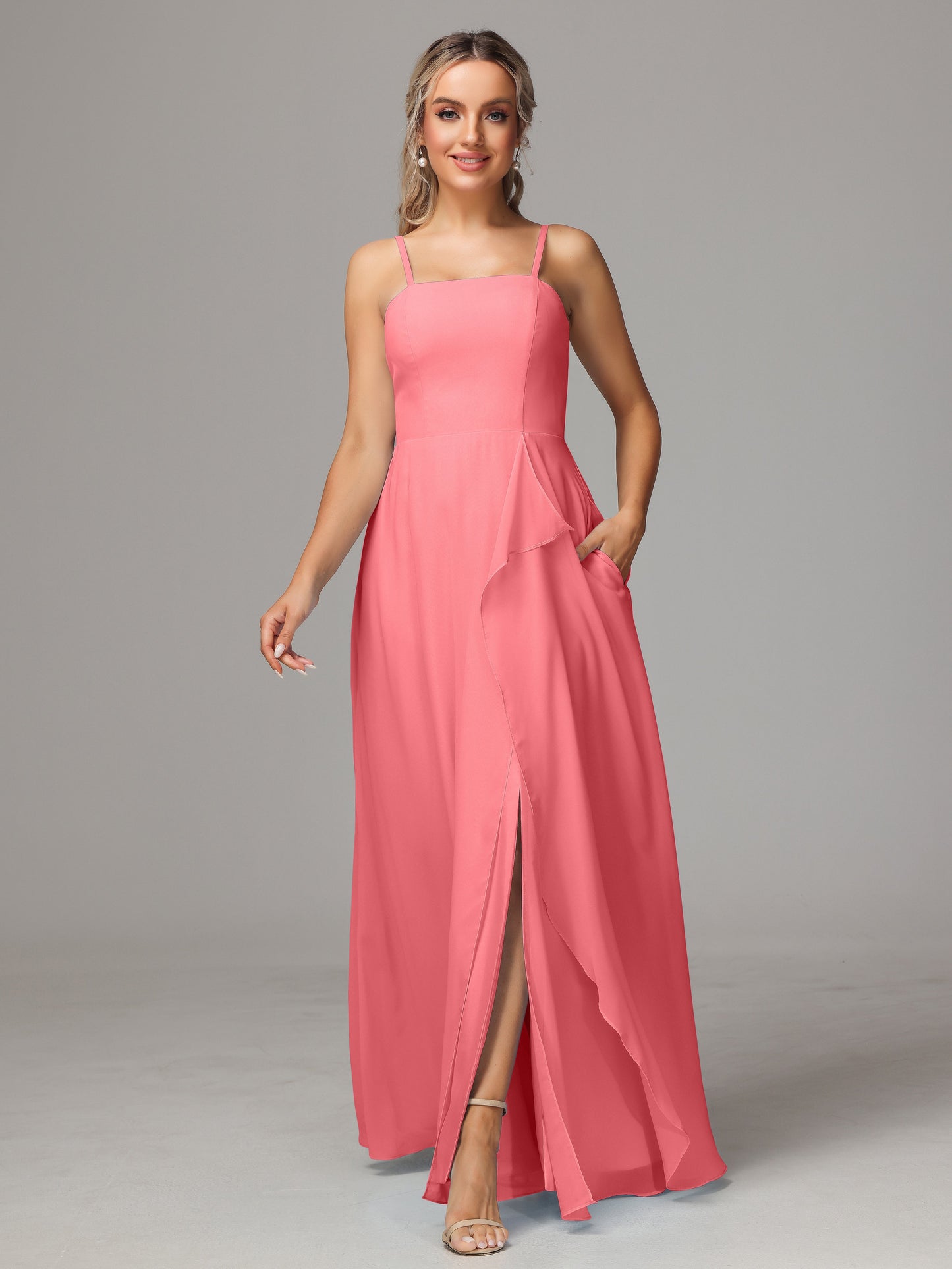 Spaghetti Straps Chiffon Bridesmaid Dress With Pockets