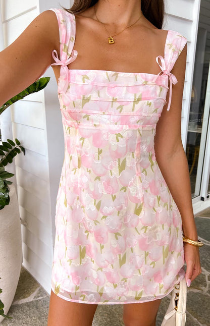 Layla Pink Floral Tie Back Mini Dress