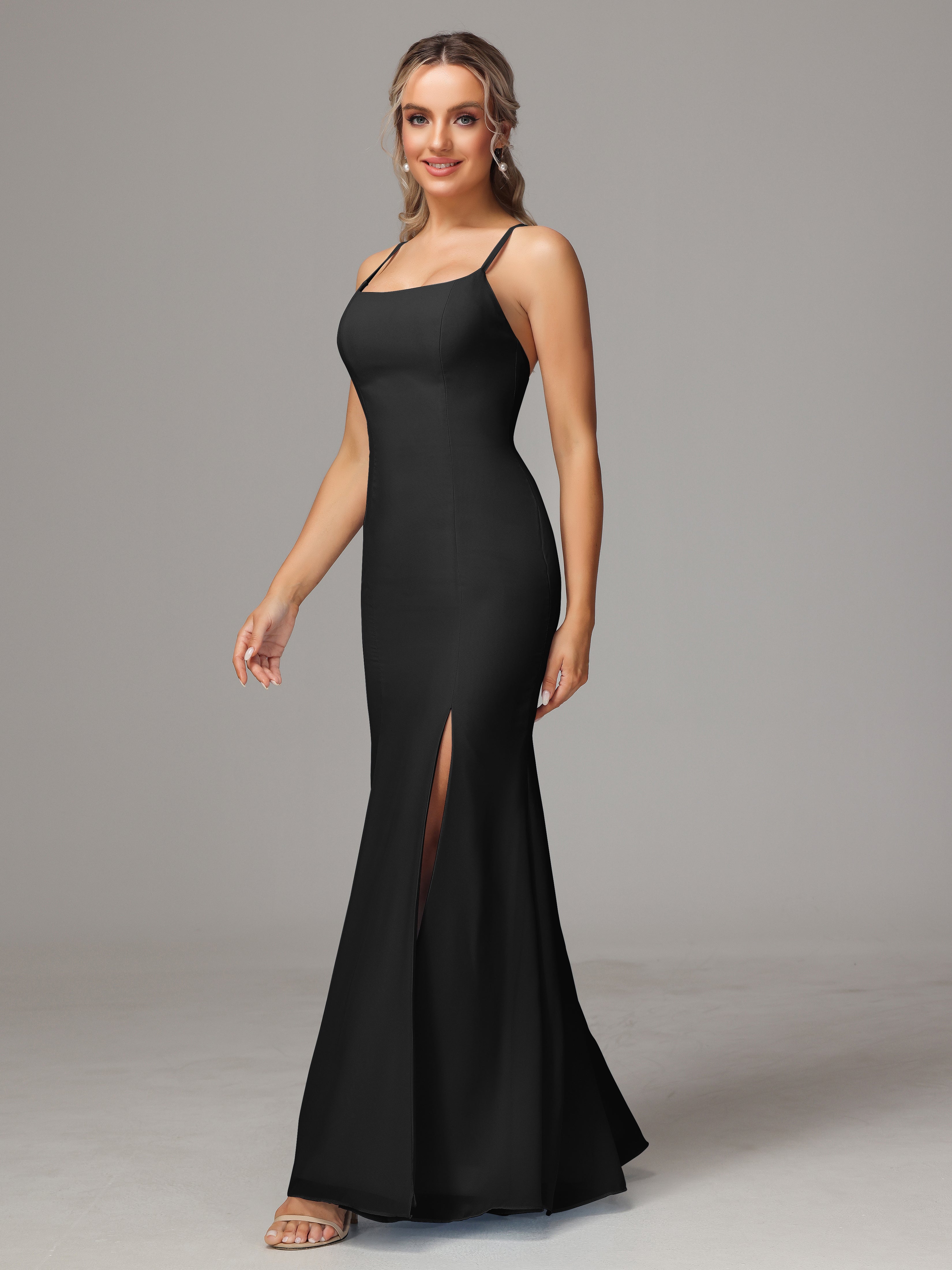 Spaghetti Straps Cross Back Chiffon Bridesmaid Dress