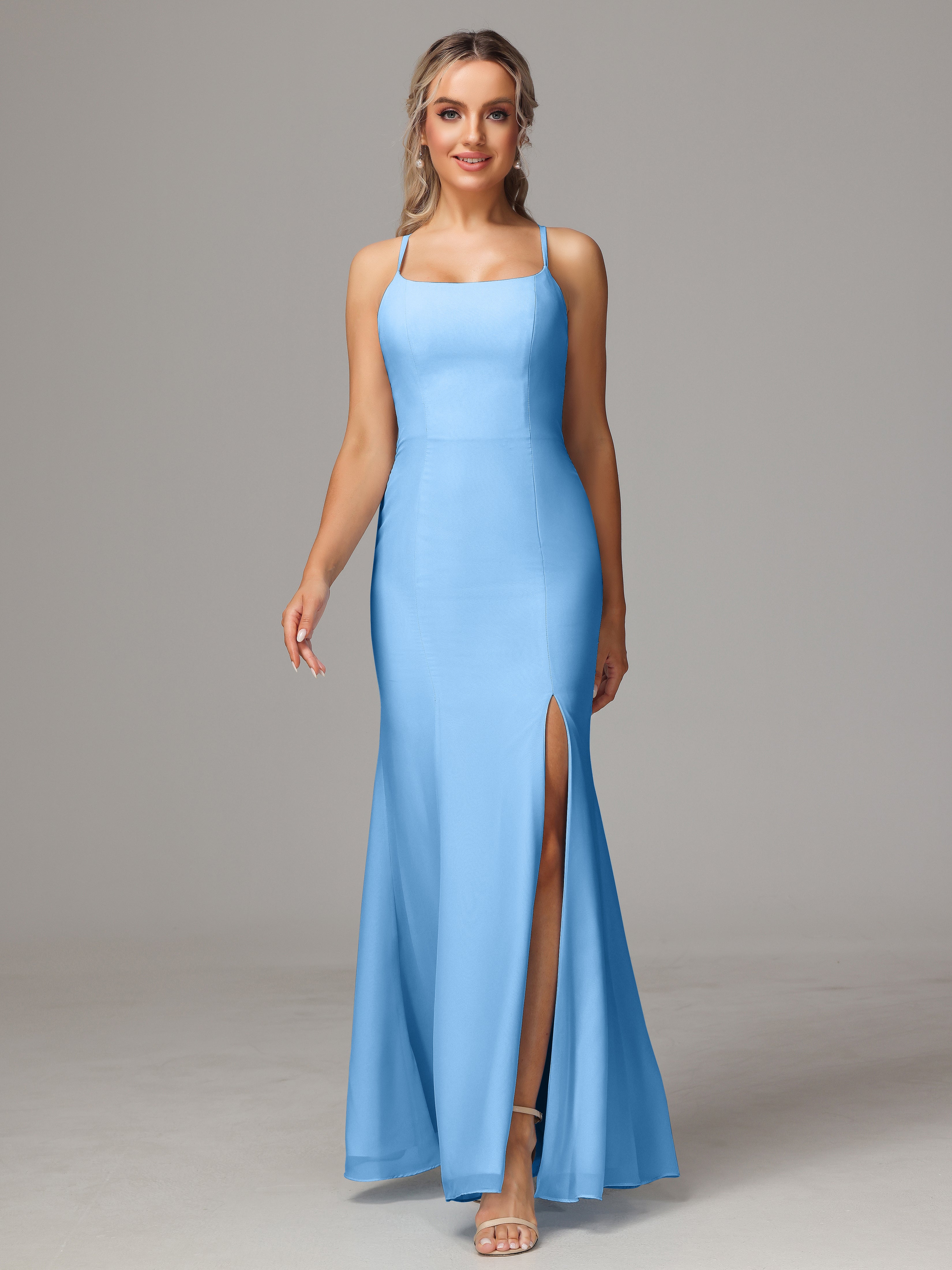 Spaghetti Straps Cross Back Chiffon Bridesmaid Dress