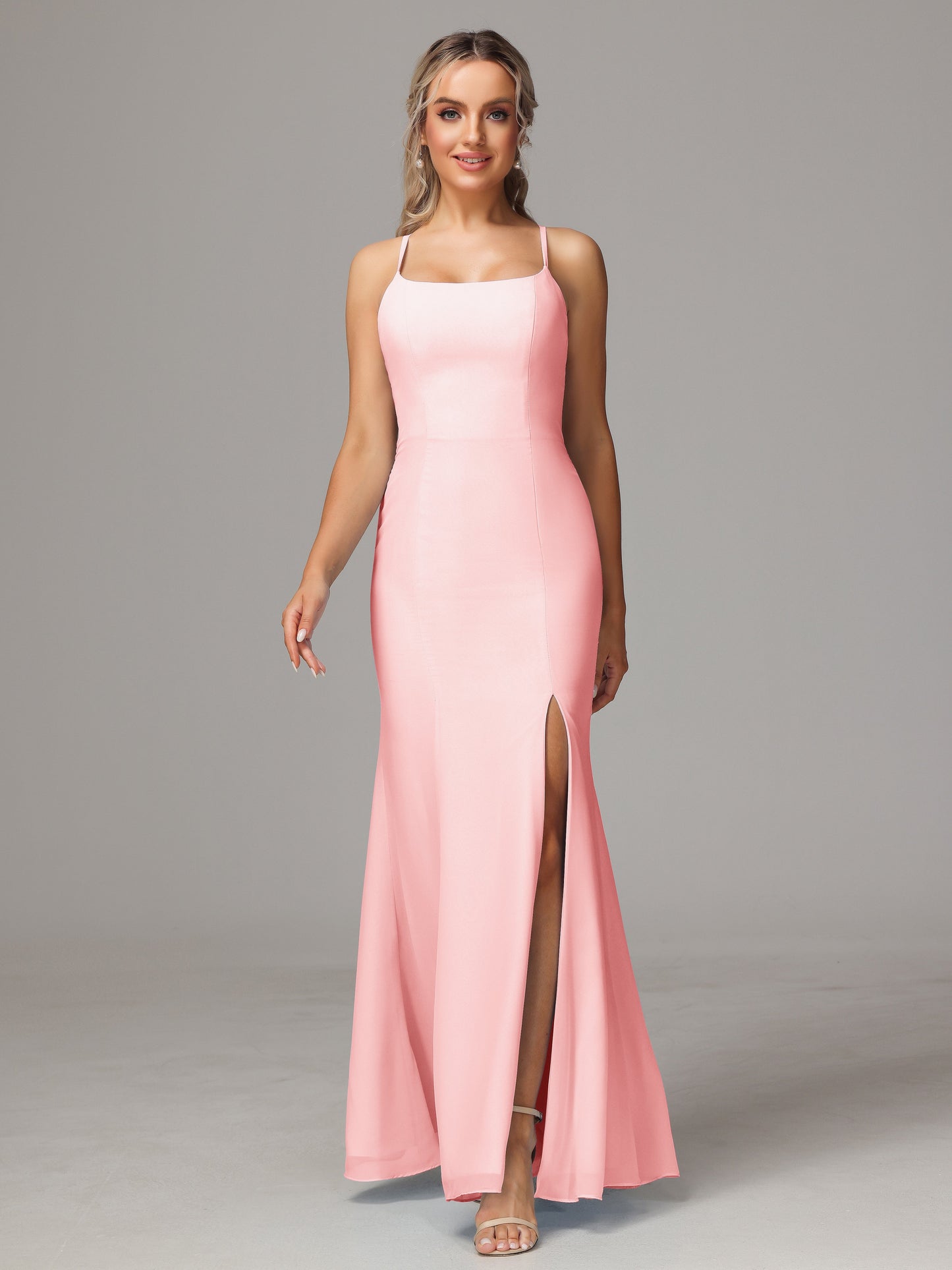 Spaghetti Straps Cross Back Chiffon Bridesmaid Dress