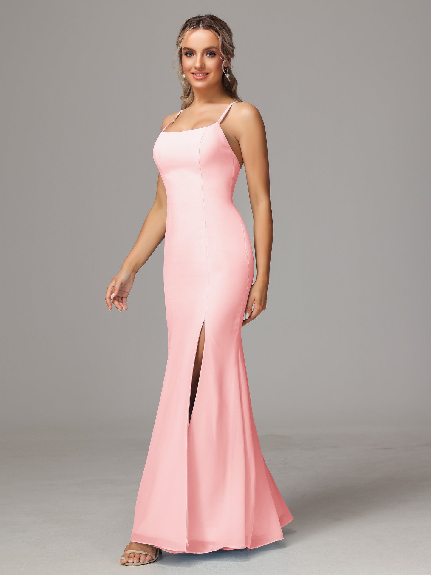 Spaghetti Straps Cross Back Chiffon Bridesmaid Dress