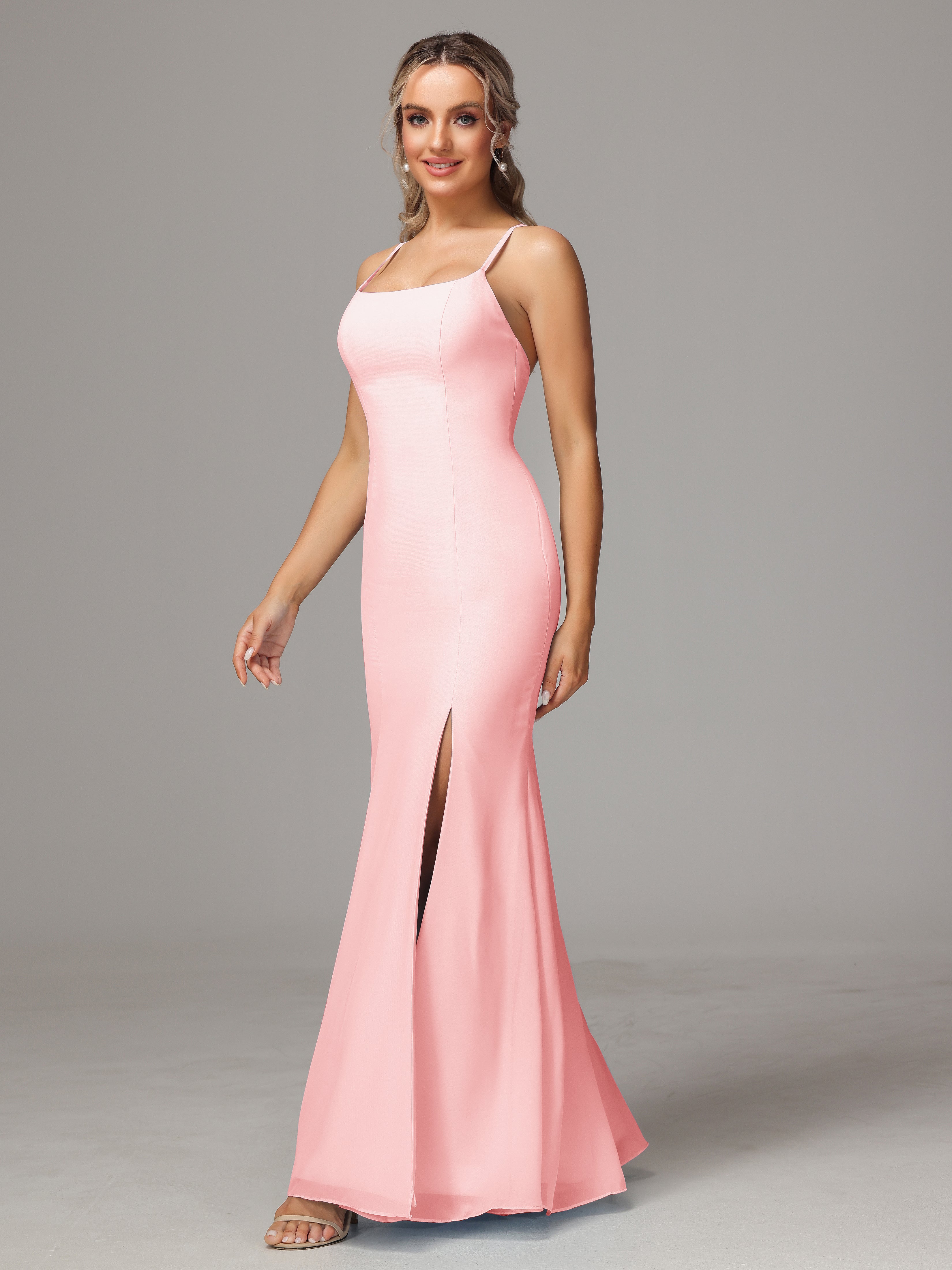 Spaghetti Straps Cross Back Chiffon Bridesmaid Dress