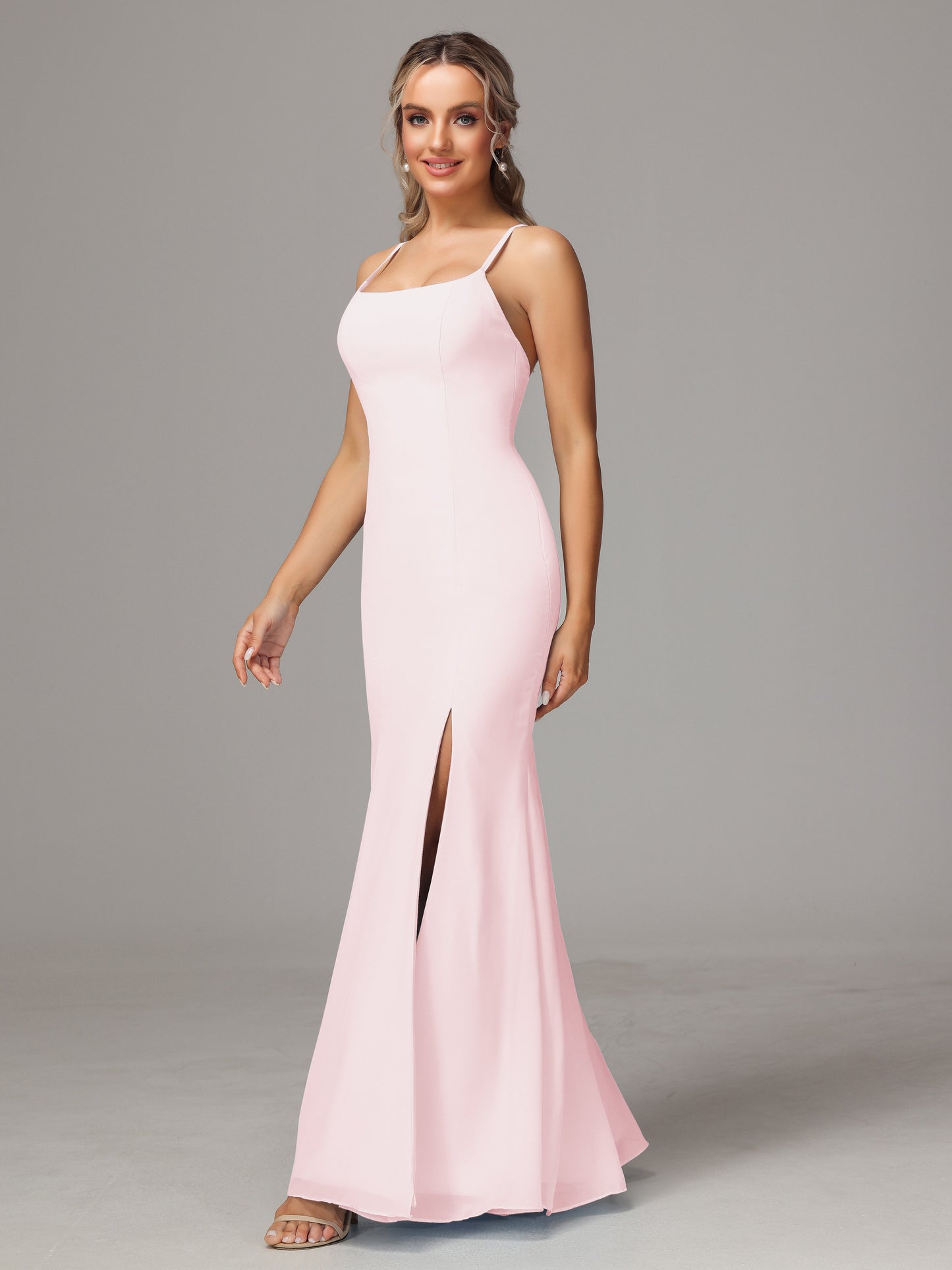 Spaghetti Straps Cross Back Chiffon Bridesmaid Dress