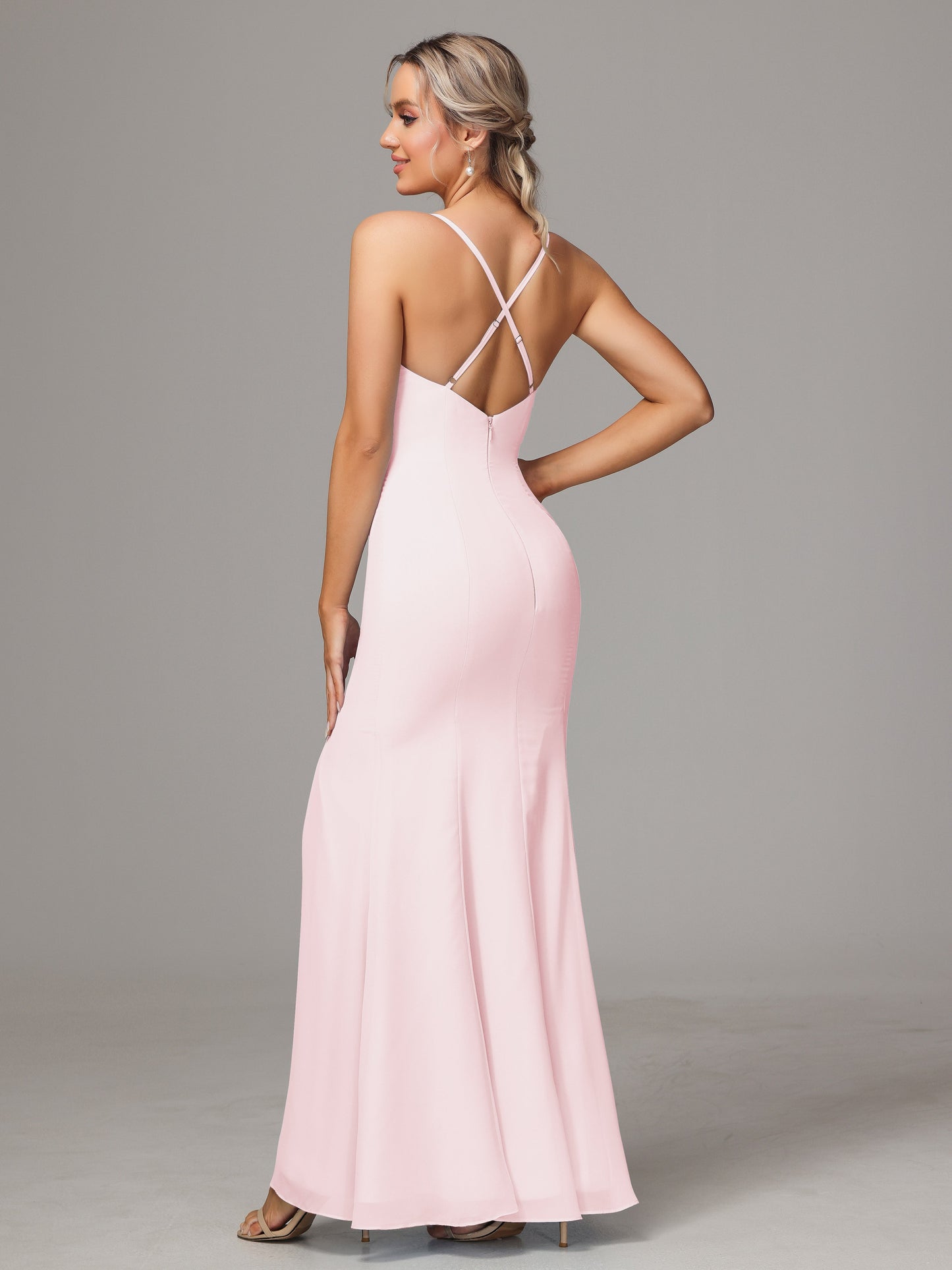 Spaghetti Straps Cross Back Chiffon Bridesmaid Dress