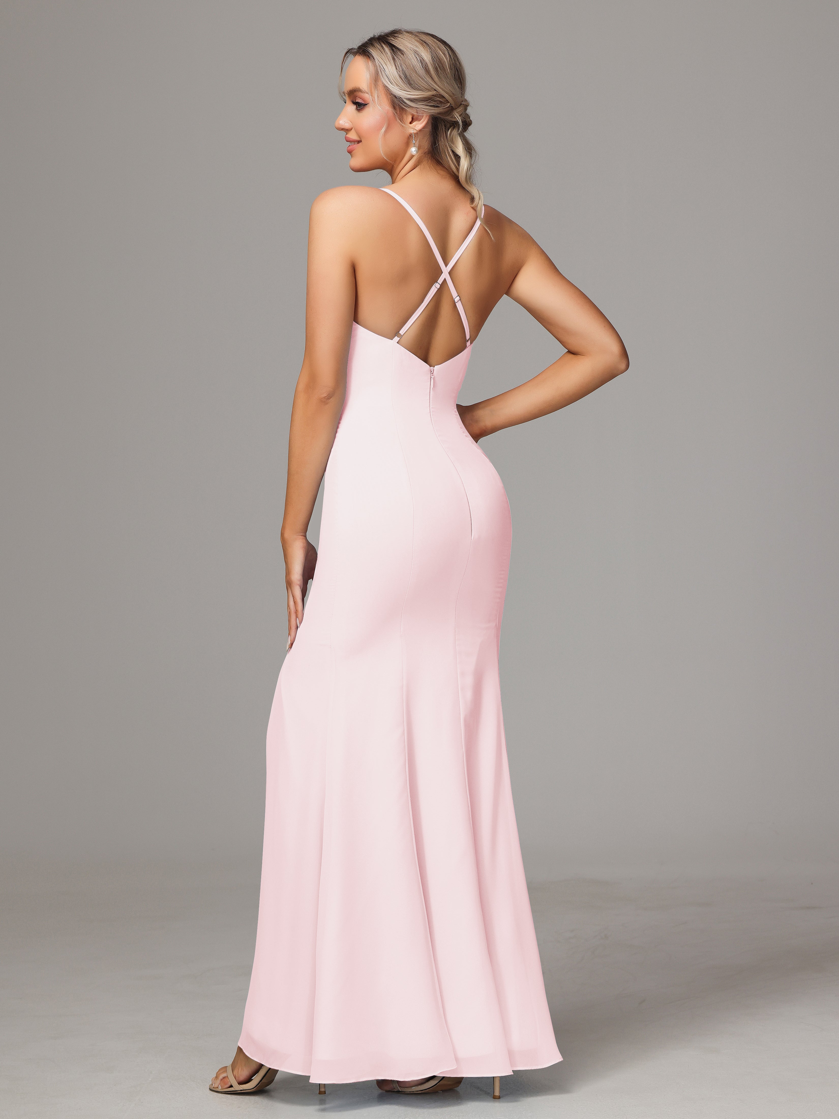 Spaghetti Straps Cross Back Chiffon Bridesmaid Dress