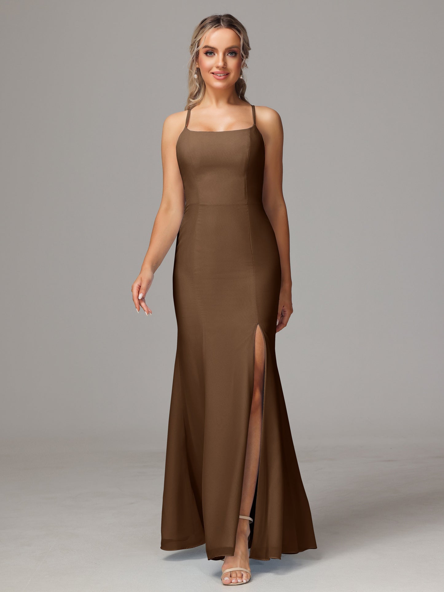 Spaghetti Straps Cross Back Chiffon Bridesmaid Dress