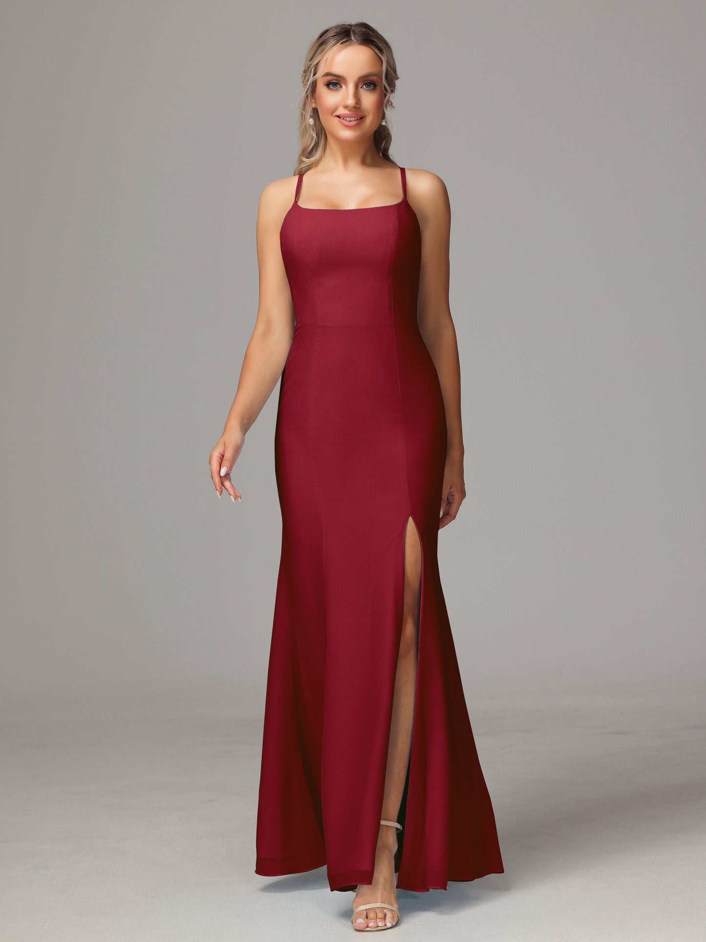 Spaghetti Straps Cross Back Chiffon Bridesmaid Dress