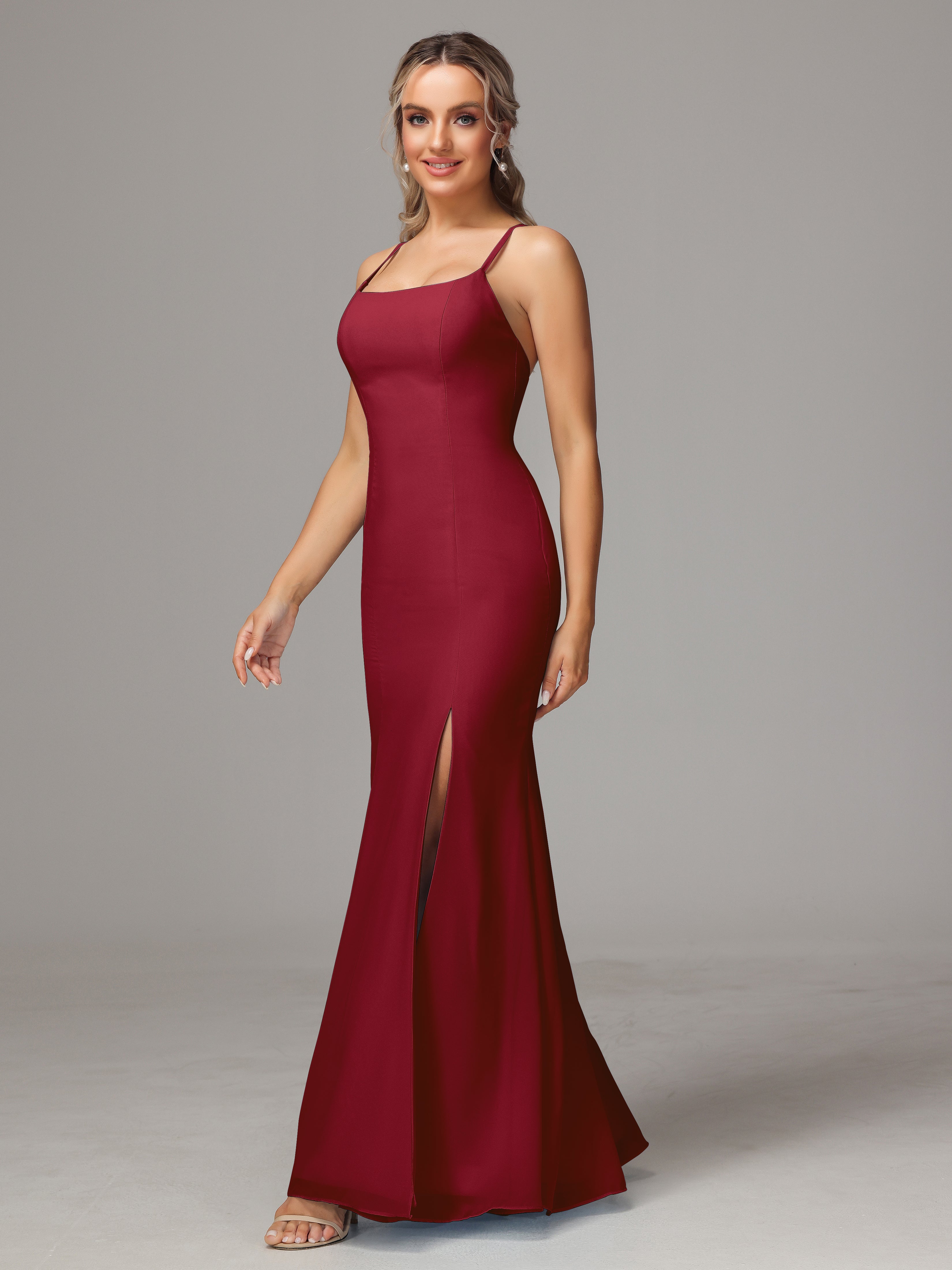 Spaghetti Straps Cross Back Chiffon Bridesmaid Dress