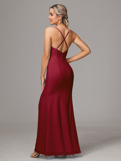 Spaghetti Straps Cross Back Chiffon Bridesmaid Dress