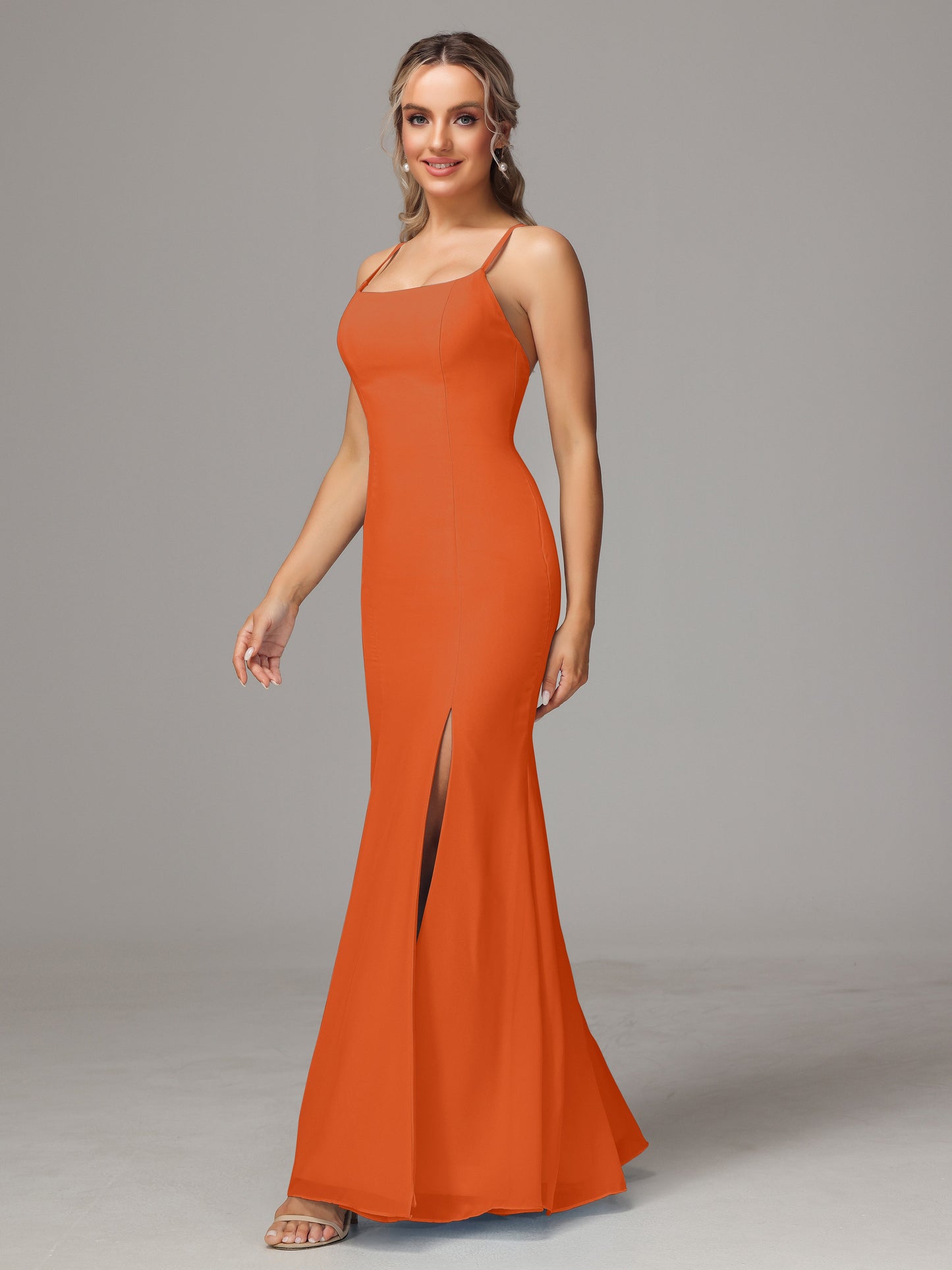 Spaghetti Straps Cross Back Chiffon Bridesmaid Dress