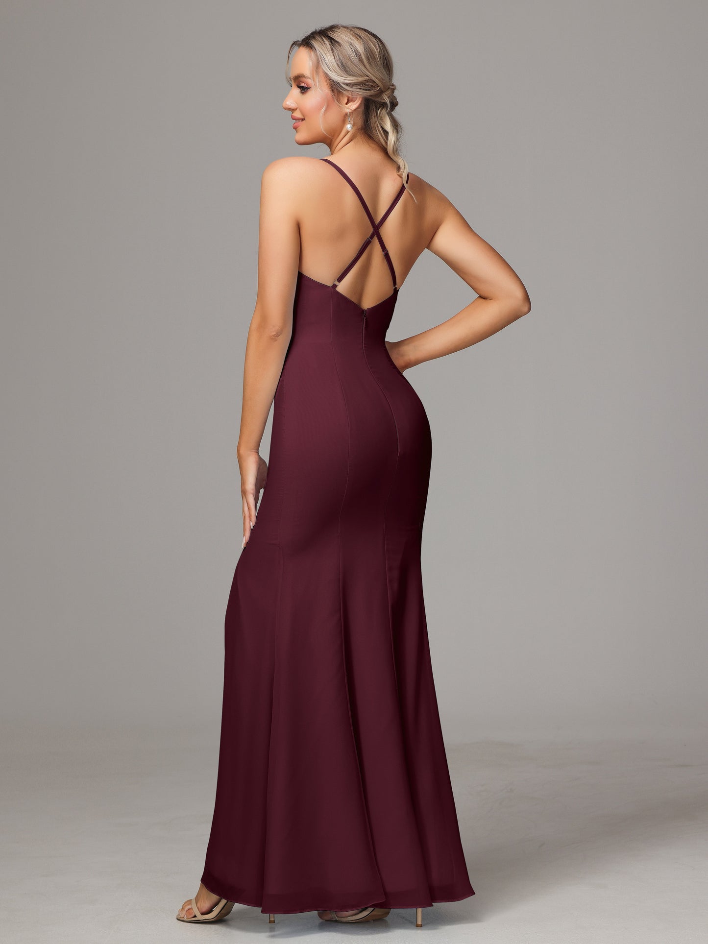 Spaghetti Straps Cross Back Chiffon Bridesmaid Dress