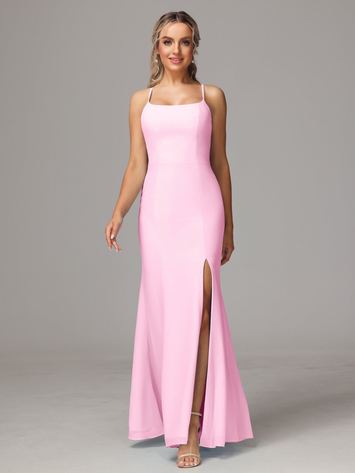 Spaghetti Straps Cross Back Chiffon Bridesmaid Dress