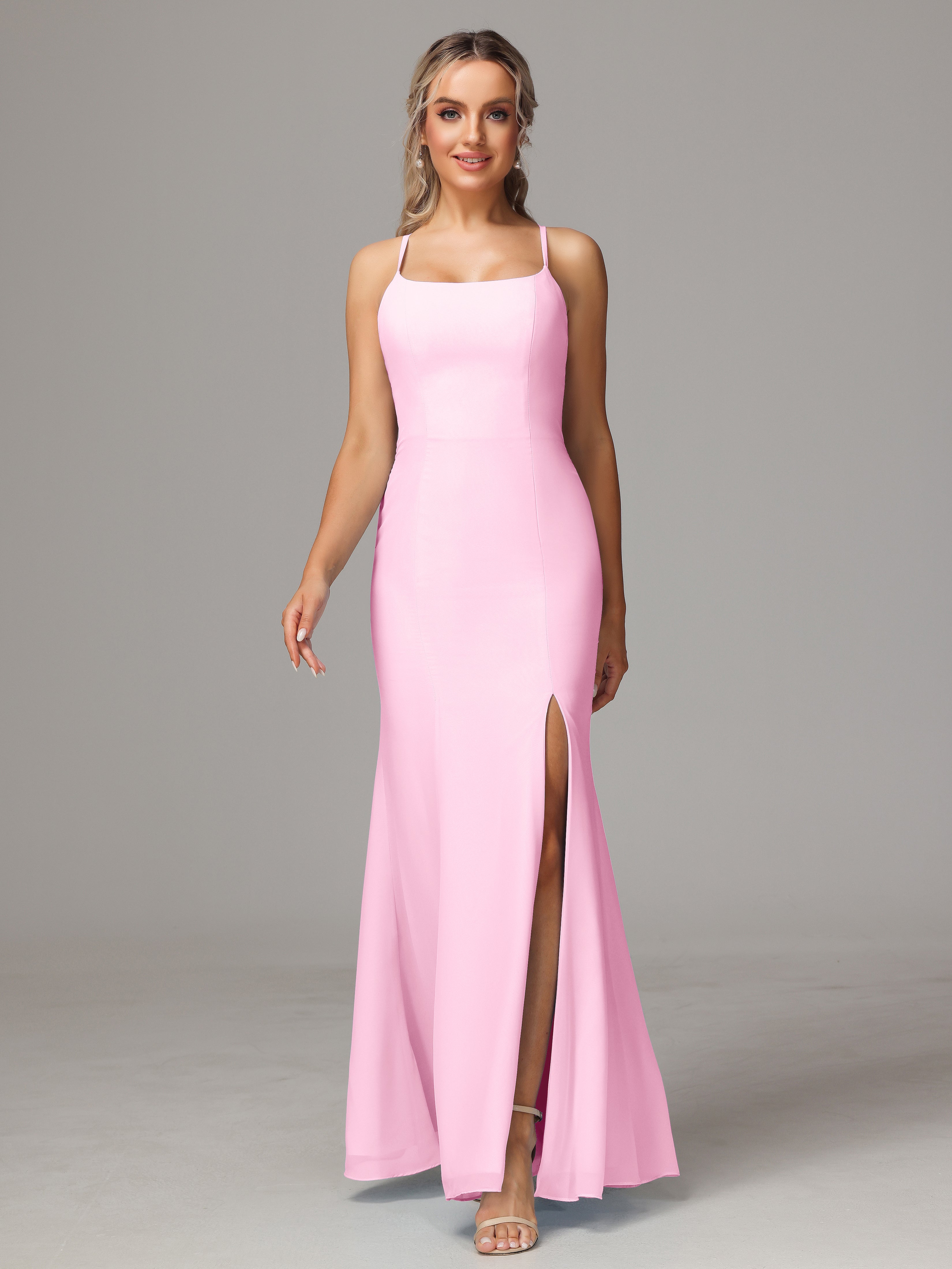 Spaghetti Straps Cross Back Chiffon Bridesmaid Dress