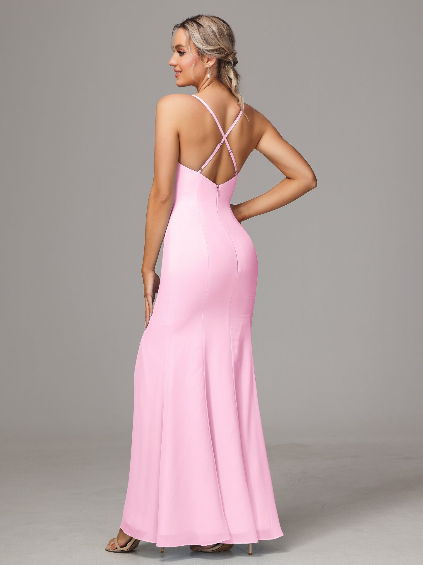 Spaghetti Straps Cross Back Chiffon Bridesmaid Dress