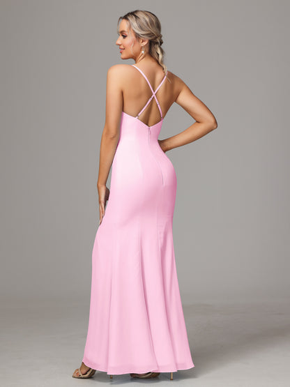 Spaghetti Straps Cross Back Chiffon Bridesmaid Dress