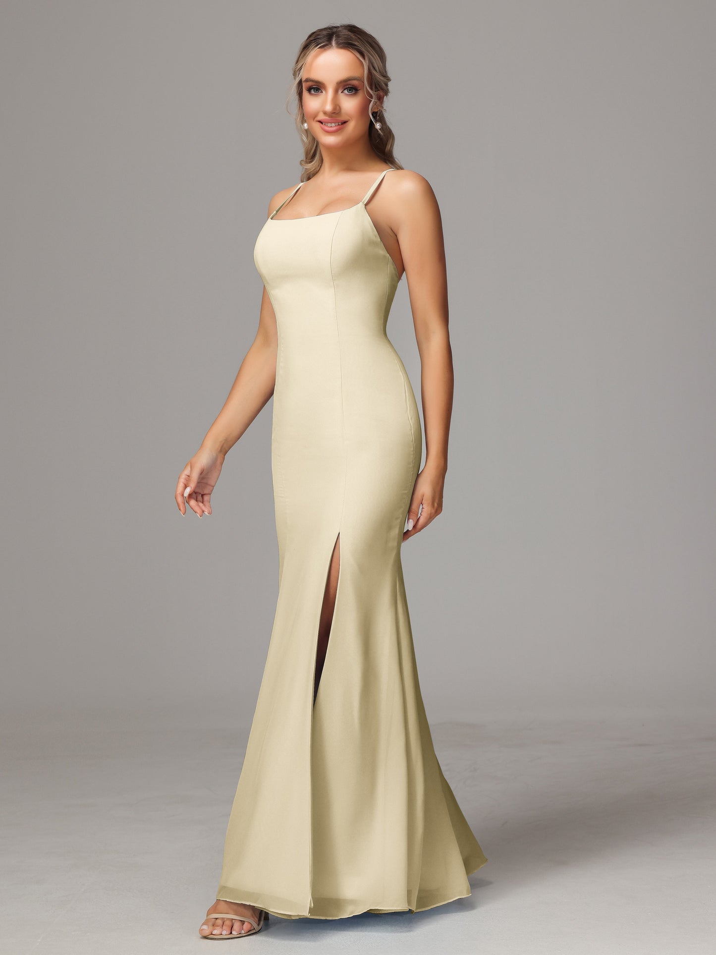 Spaghetti Straps Cross Back Chiffon Bridesmaid Dress