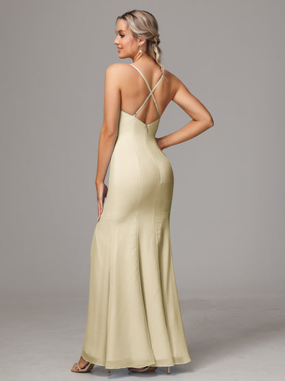 Spaghetti Straps Cross Back Chiffon Bridesmaid Dress