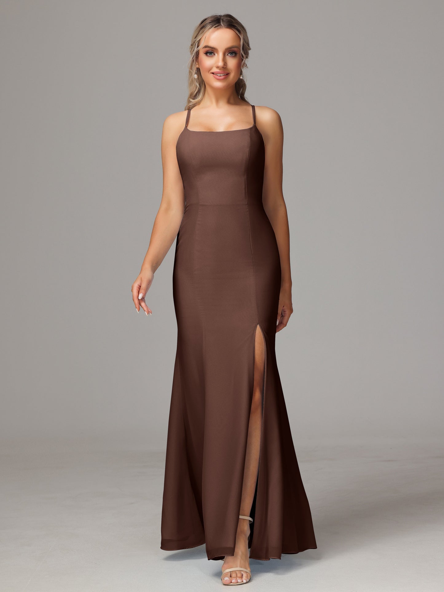 Spaghetti Straps Cross Back Chiffon Bridesmaid Dress